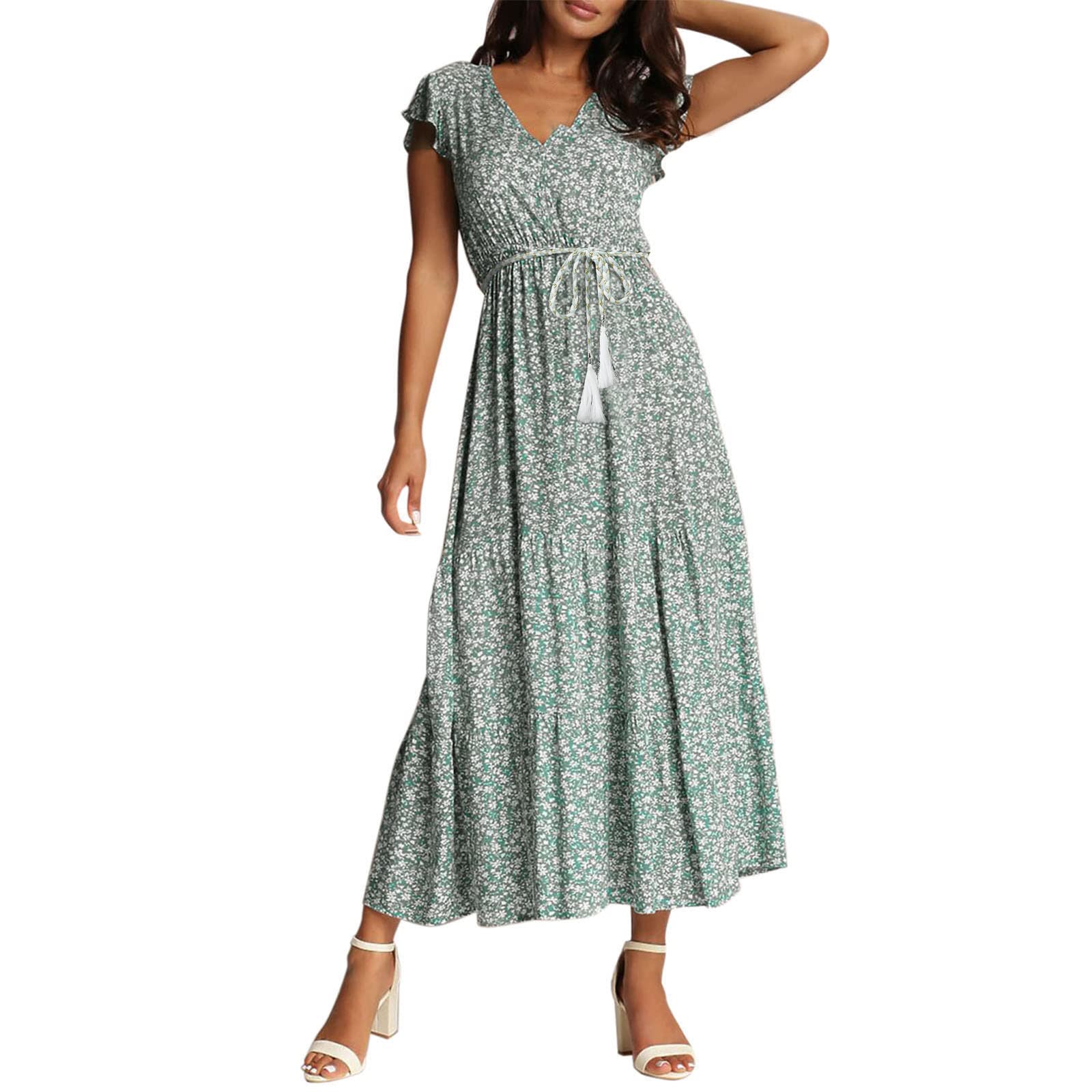 Boho V-Neck Floral Summer Dress for Women - Long Sleeveless Beach Sundress in Solid Colors | Perfect for Vacation, Beach Outings & Casual Wear