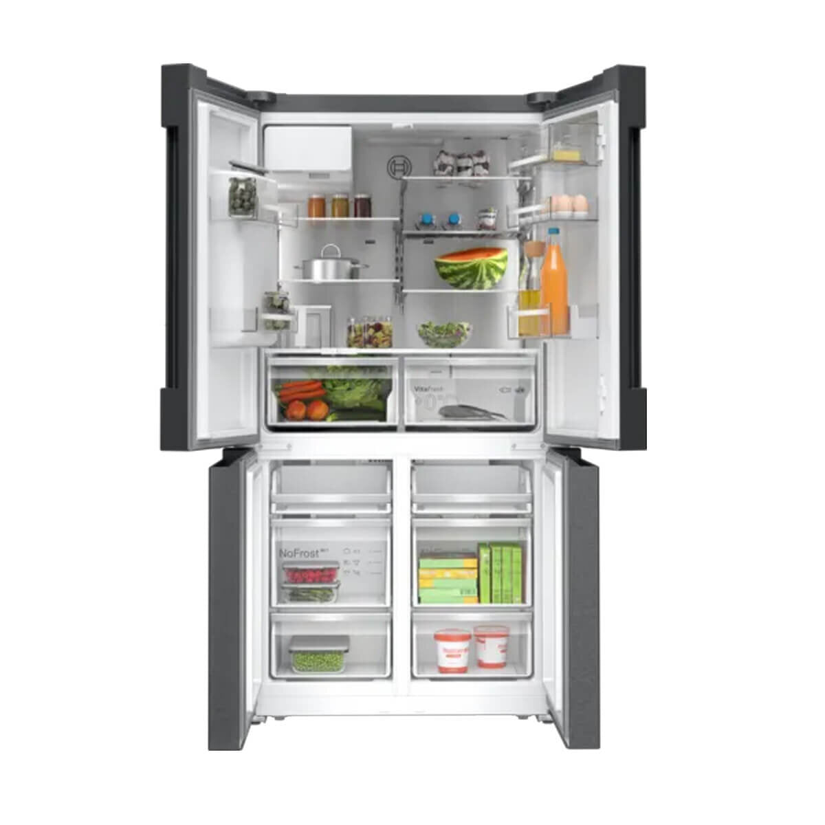 Bosch Series 6 KFI96AXEAA 36-Inch Quad Door Refrigerator with Freezer, Non-Plumbed Water Dispenser and Ice Maker - Black Stainless Steel - Perfect for Modern Kitchens and Large Families