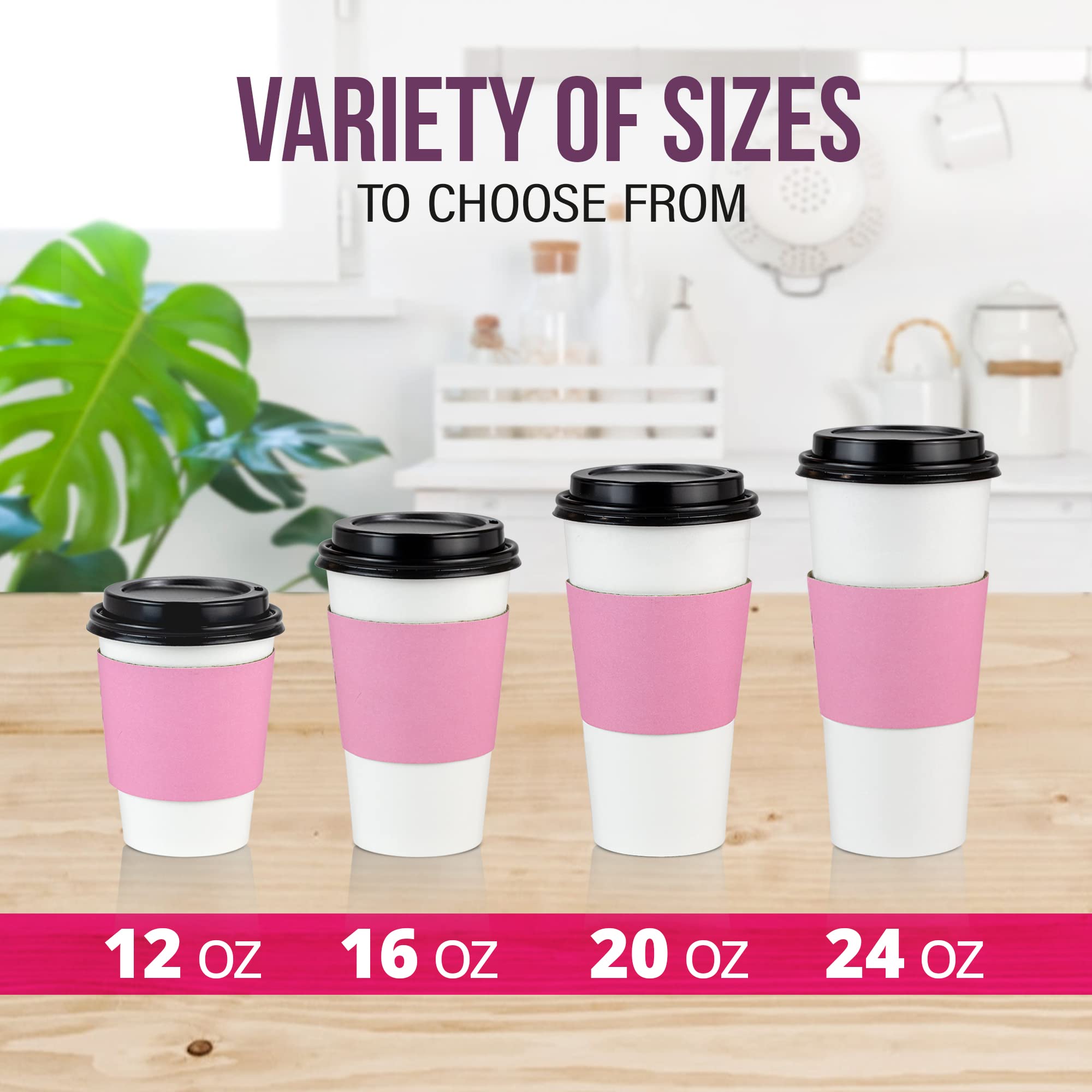500 Pack 16 oz Disposable Coffee Cups with Lids & Pink Sleeves - Lead-Free Sturdy To-Go Hot Paper Cups for Coffee, Tea, Parties, Weddings, Birthdays - Ideal for Home, Office, Cafes & Events (Black Lids)