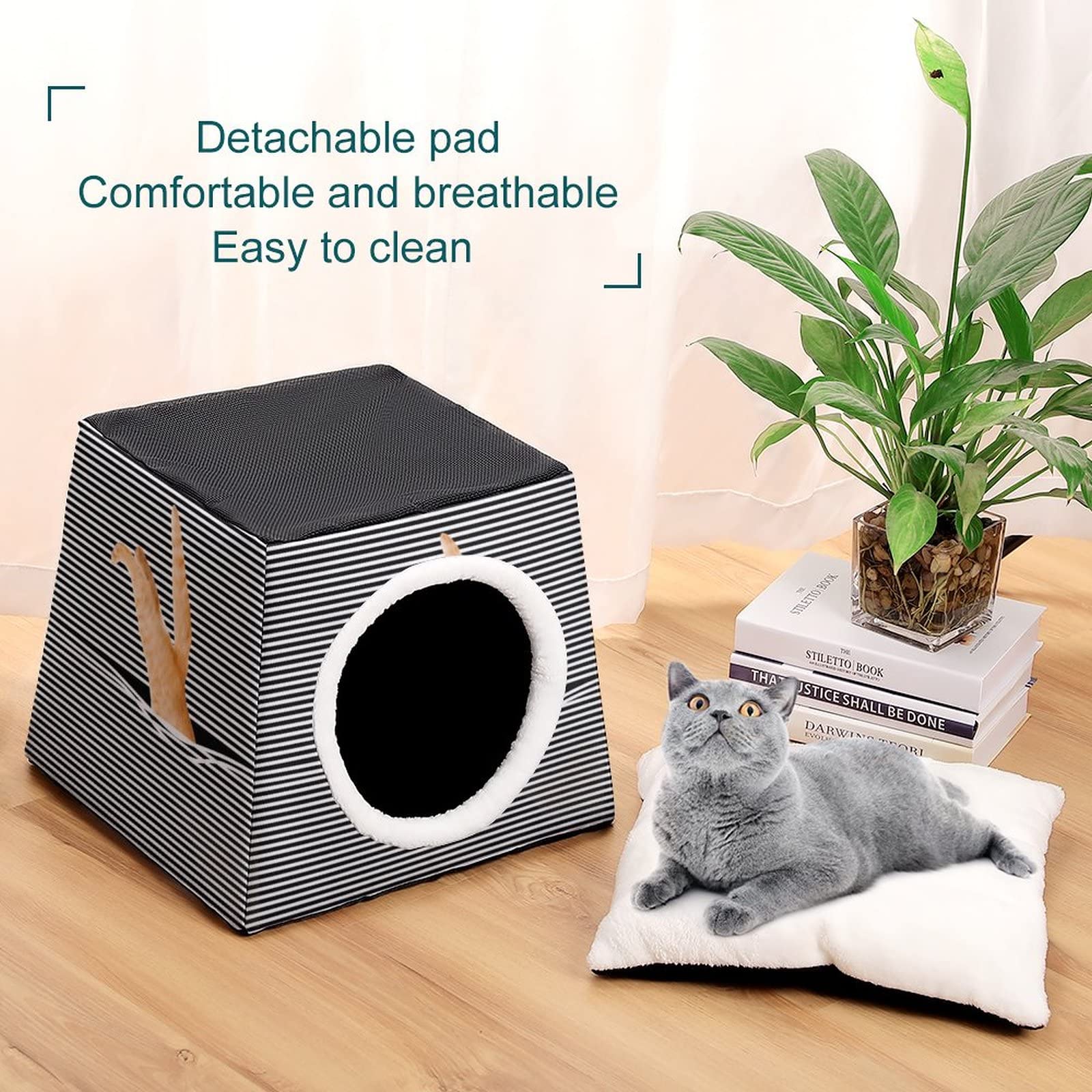 3-in-1 Multi-Functional Cat House - Soft Pet Bed & Cozy Sofa with Striped Design for Indoor/Outdoor Use | Perfect Kitty Shelter, Play Cube & Nap Spot for Your Feline Friend