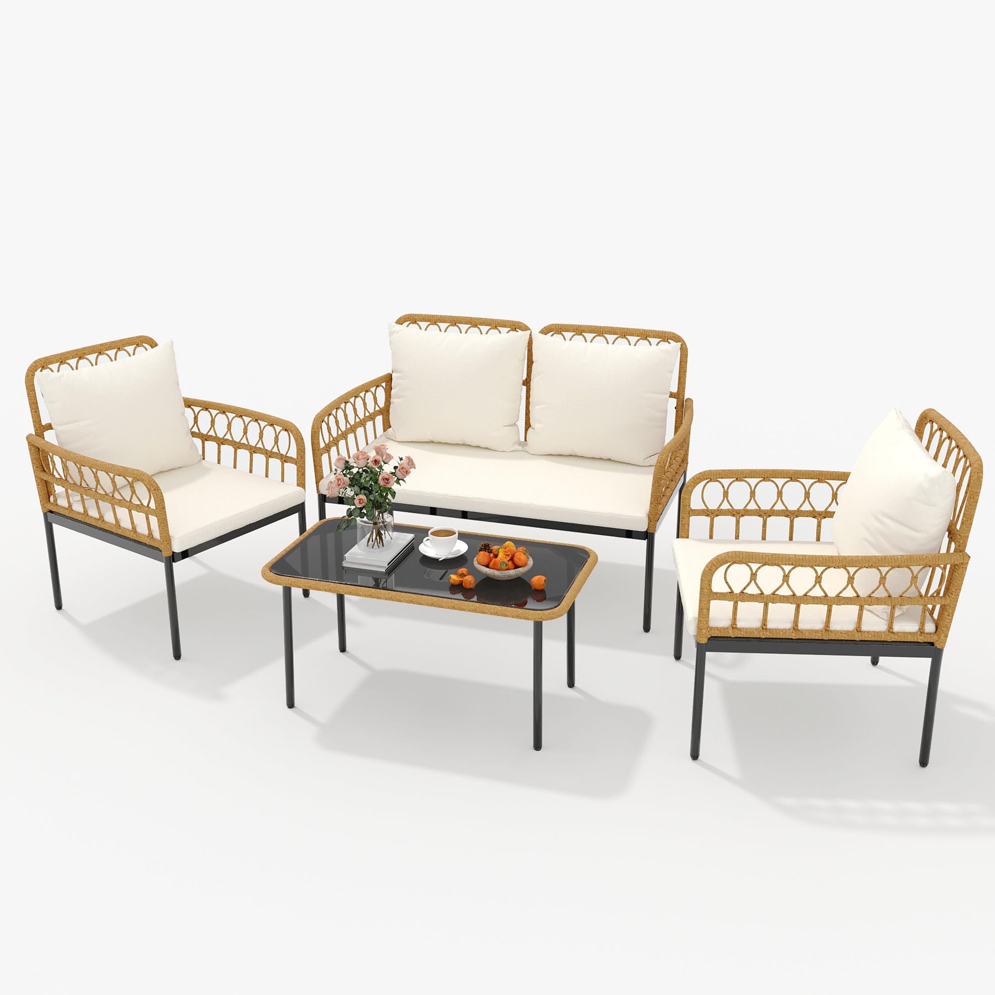GARVEE 4-Piece All-Weather Wicker Patio Bistro Set with Glass Top Coffee Table, Loveseat & 2 Armchairs - Includes Cushions - Boho Outdoor Furniture for Backyard, Garden, Balcony or Poolside - Beige