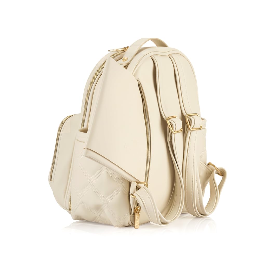 Itzy Ritzy Mini Plus Diaper Bag Backpack – Stylish Baby Bag with Changing Pad, 10 Pockets (6 Internal & 4 External), Grab Handle & Non-Slip Feet – Perfect for Moms & Travel (Milk & Honey)