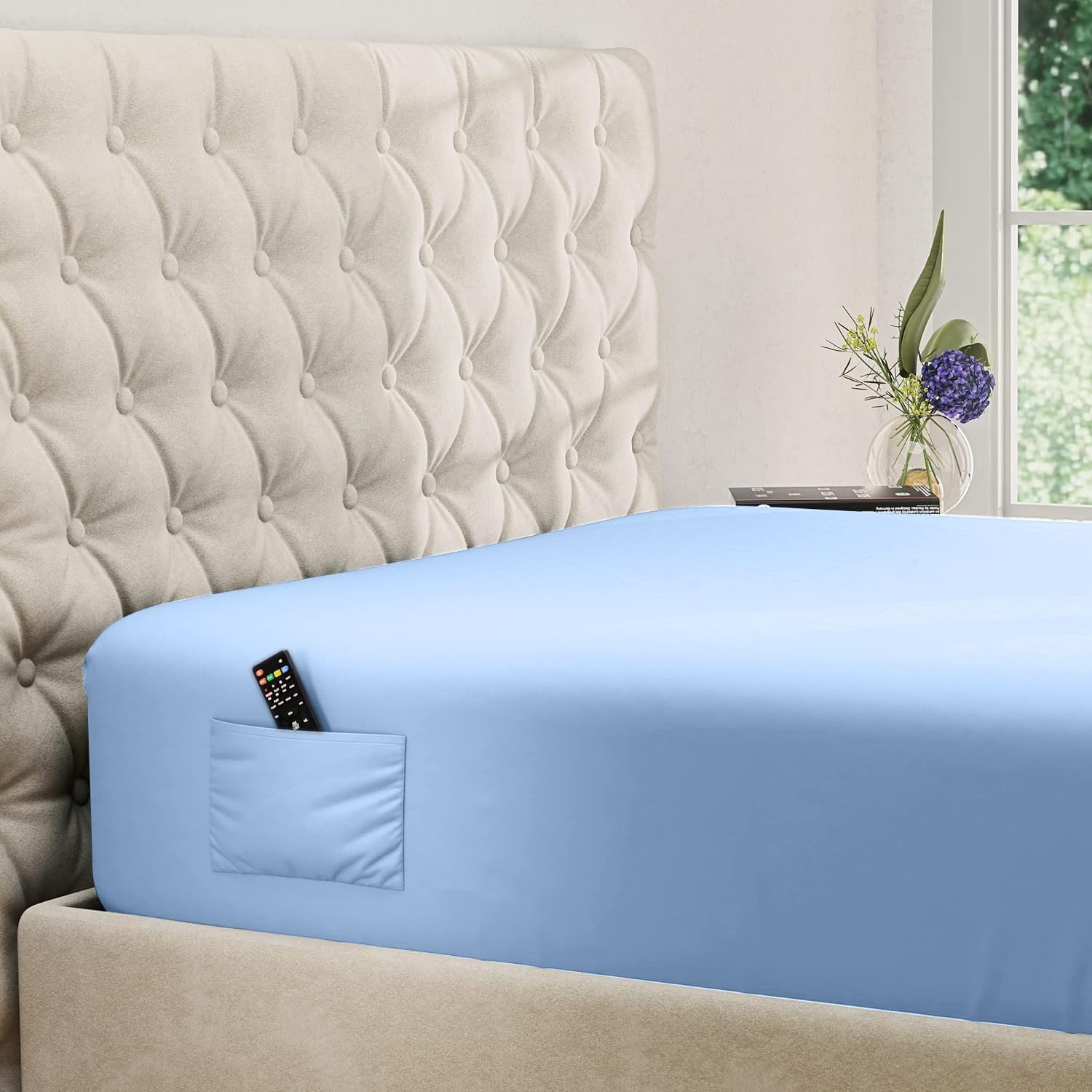 DREAMCARE Twin XL Fitted Sheet - Extra Deep Pocket 21 Inch Mattress Cover - OEKO-TEX Certified Luxury Hotel Quality Bed Sheet - Soft Breathable Fabric (Light Blue) - Perfect for Guest Rooms, Dorms & Deep Mattresses