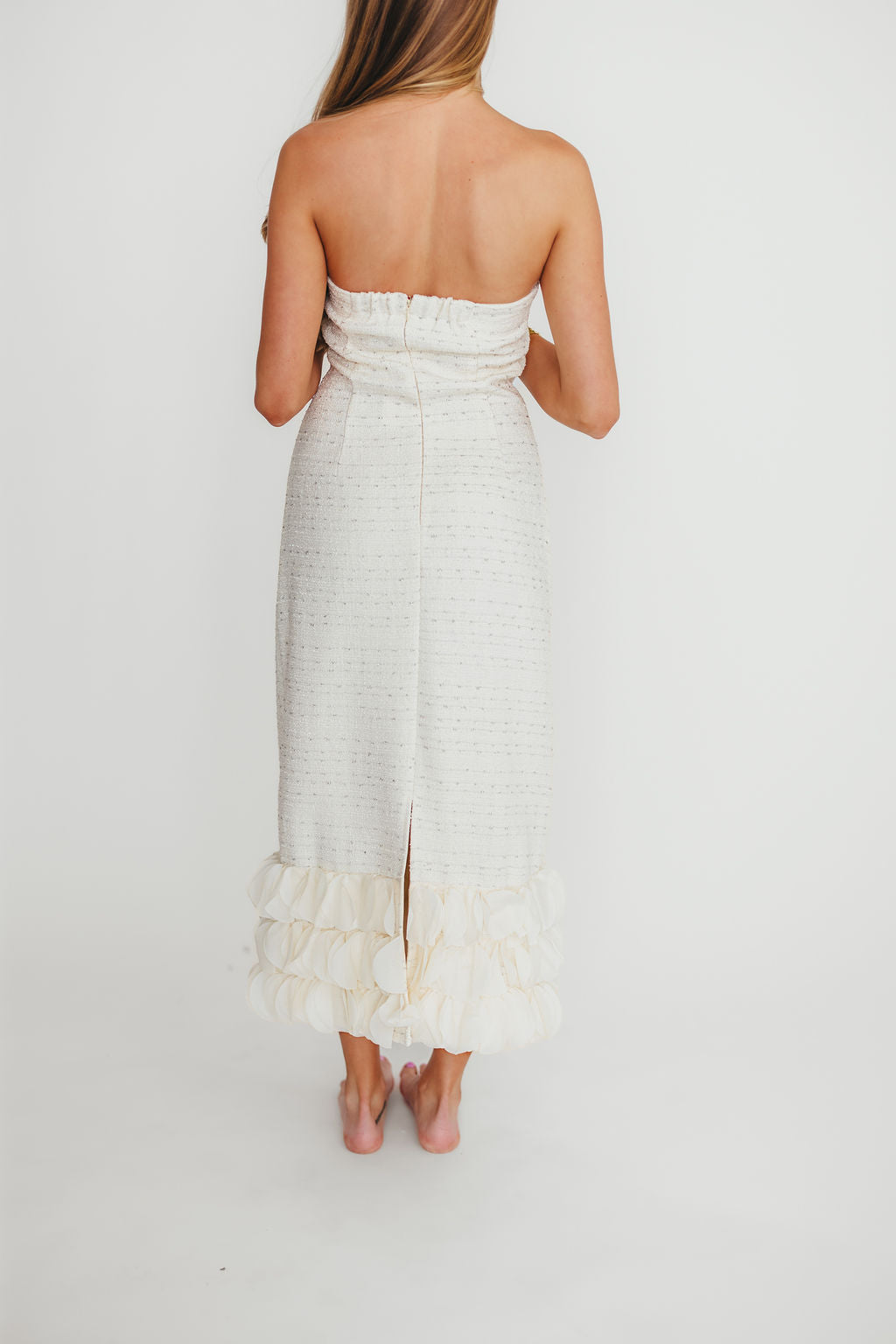 Whitney Tweed Strapless Maxi Dress in Off White - Elegant Formal Gown for Weddings, Parties & Special Occasions