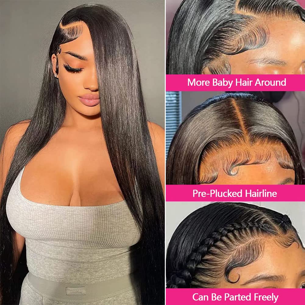 JARAMA 13x4 Straight Lace Front Wig Human Hair 32 Inch 180% Density HD Transparent Lace Brazilian Hair Wig - Pre Plucked Glueless Lace Frontal Wig for Women (Natural Black) | Perfect for Daily Wear, Cosplay & Special Occasions