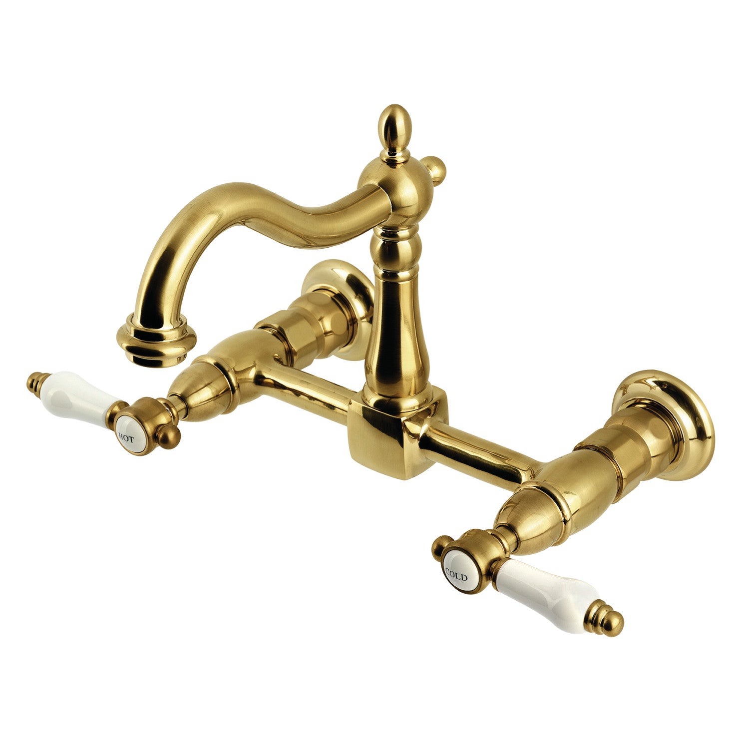 Bel Air KS1267BPL Brushed Brass Double Handle 2-Hole Wall Mount Bridge Kitchen Faucet - Perfect for Farmhouse, Vintage & Industrial Style Kitchens