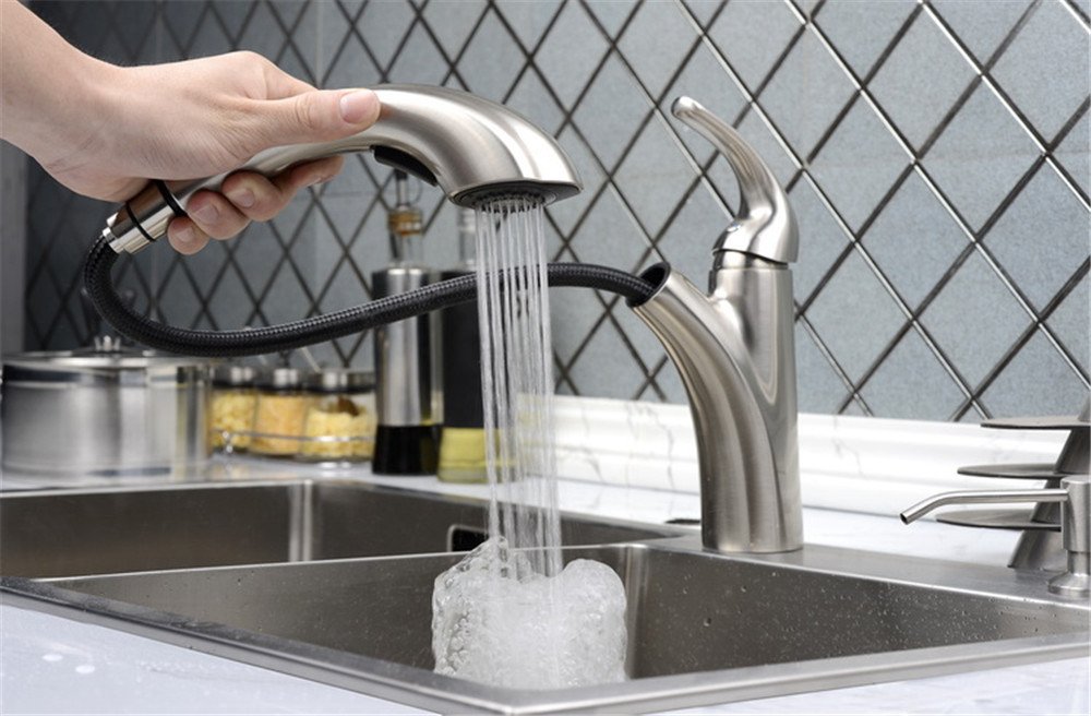 Brushed Nickel Pull Down Kitchen Sink Faucet with Spray Head - Durable Nozzle Replacement for Bathroom & Kitchen Sink - Perfect for Washing Dishes, Filling Pots & Cleaning Countertops