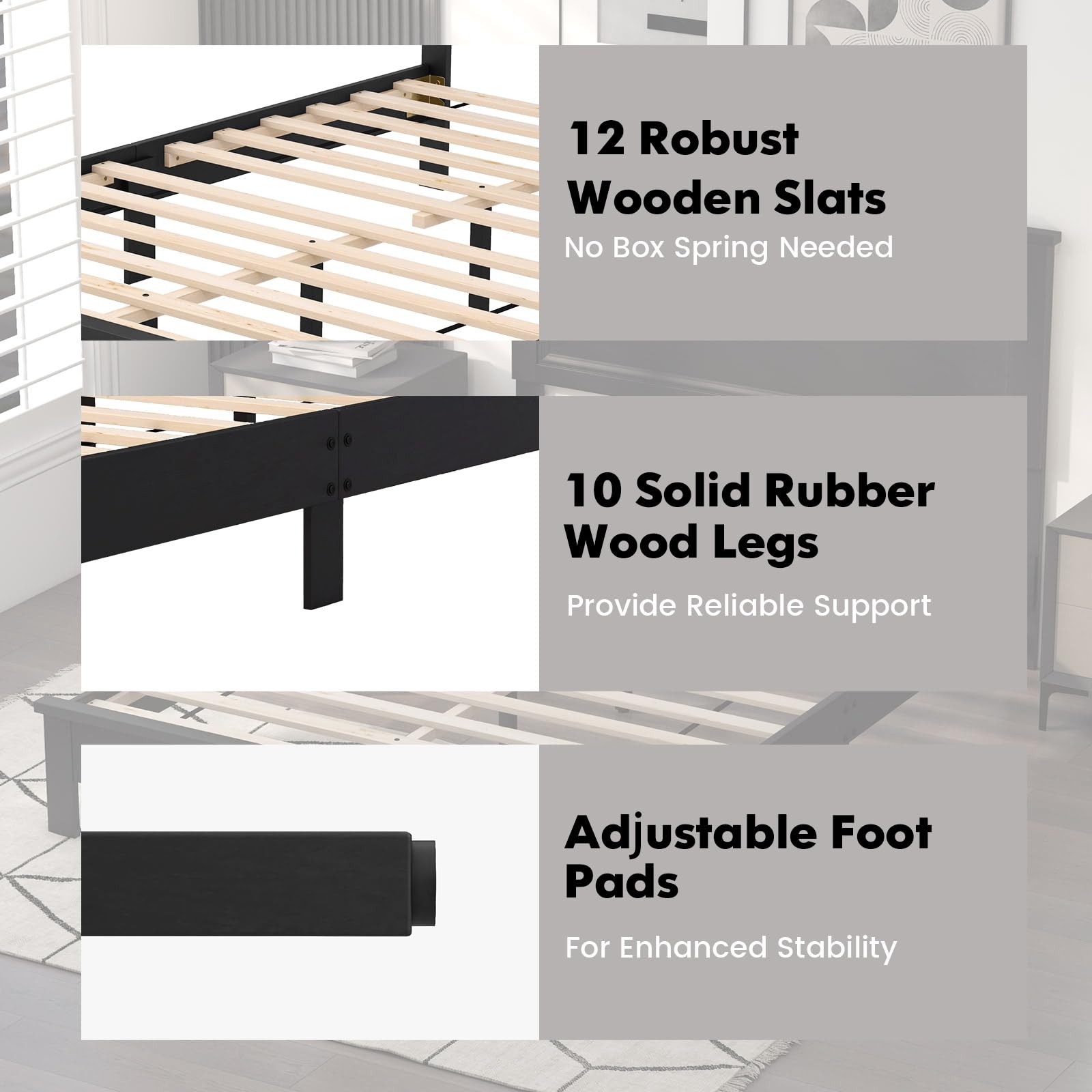 Giantex Full Platform Bed Frame with Headboard - Solid Wood Legs & Wooden Slat Support, Mid Century Modern Style, Easy Assembly, 500 lbs Weight Capacity, Black - Perfect for Master Bedroom, Guest Room & Small Space Living