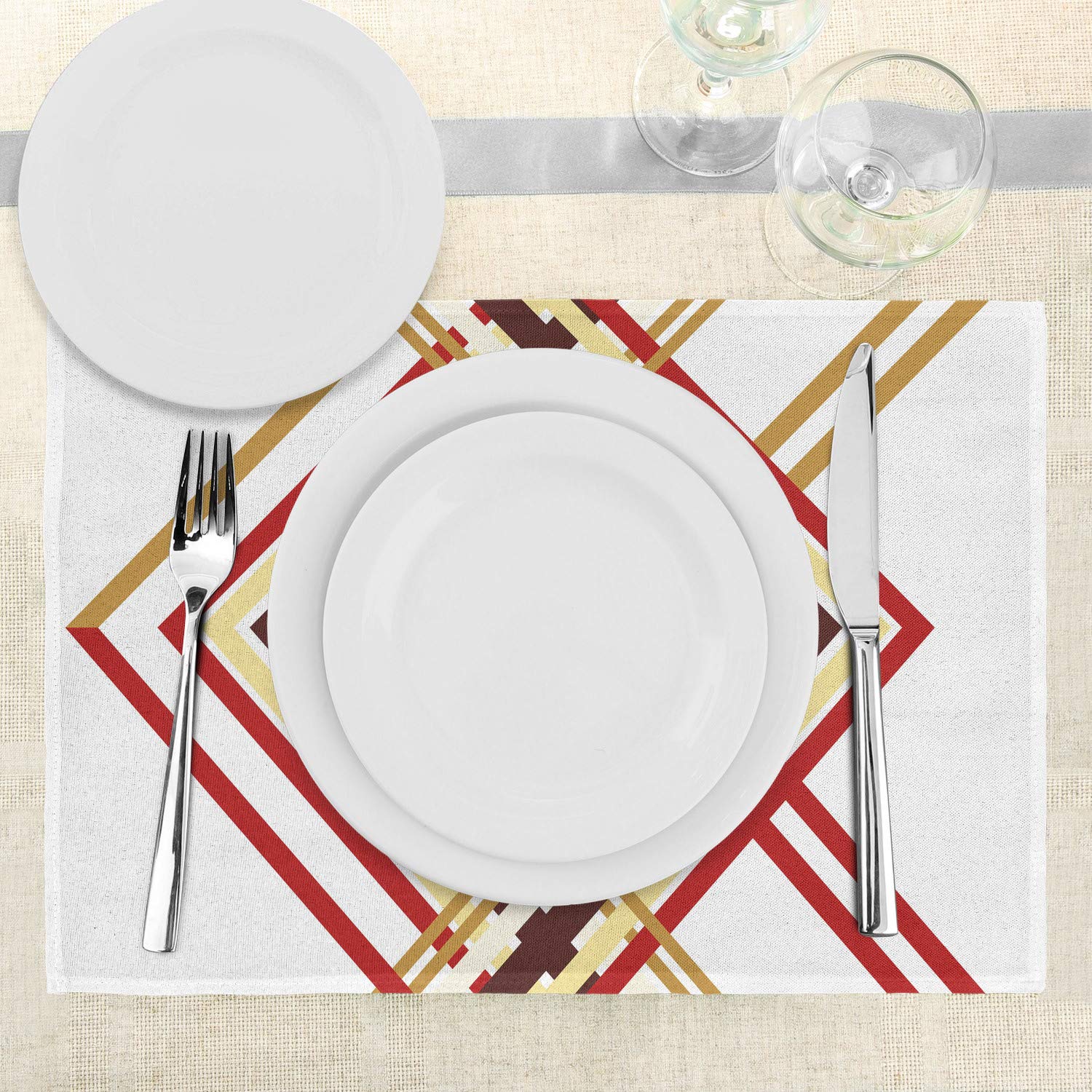 Ambesonne Modern Place Mats Set of 4 - Retro Diamond Border Geometric Design Washable Fabric Placemats for Dining Table & Kitchen Decor in Ruby Caramel Brown & Tan | Perfect for Dinner Parties, Holiday Meals & Everyday Use