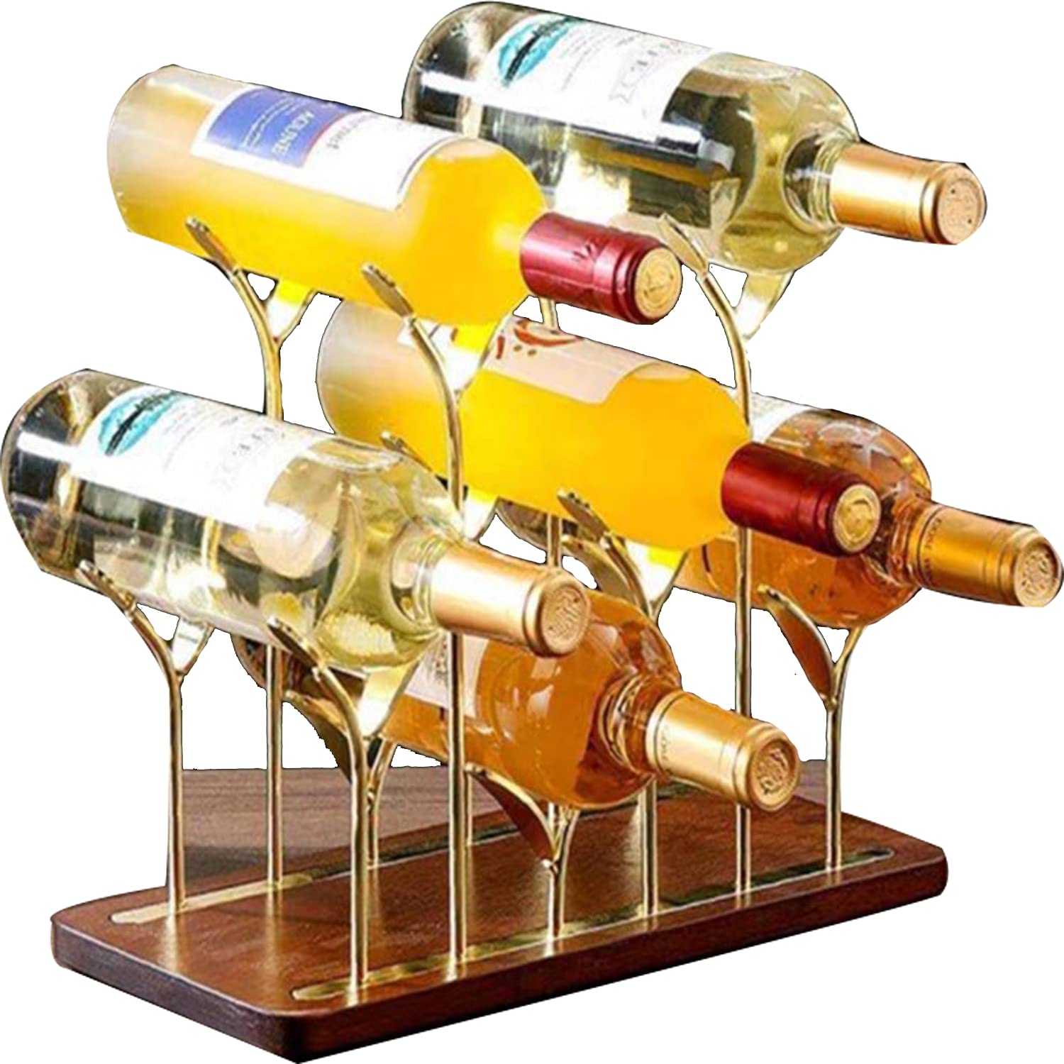 Wooden Countertop Bottle Rack - Holds 6 Wine Bottles - Gold Metal & Wood Tabletop Holder for Kitchen, Bar, Cellar Storage - Perfect for Home Decor, Cabinet & Pantry Organization - Ideal for Wine Lovers & Entertaining Guests