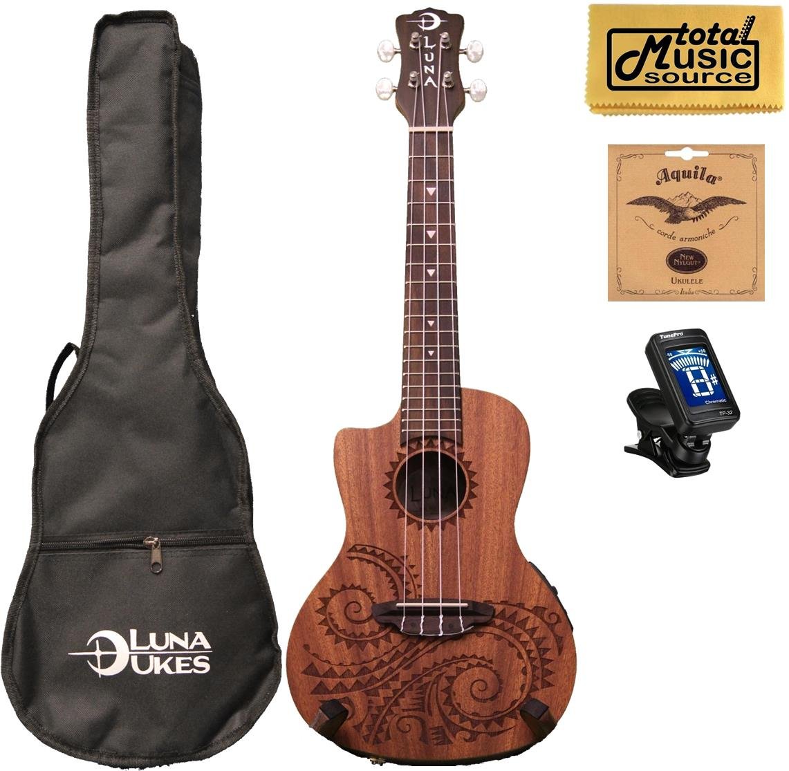 Luna Guitars Left-Handed Acoustic Electric Concert Tattoo Guitar with Strings, Tuner & Gig Bag - Perfect for Beginners, Live Performances & Home Practice