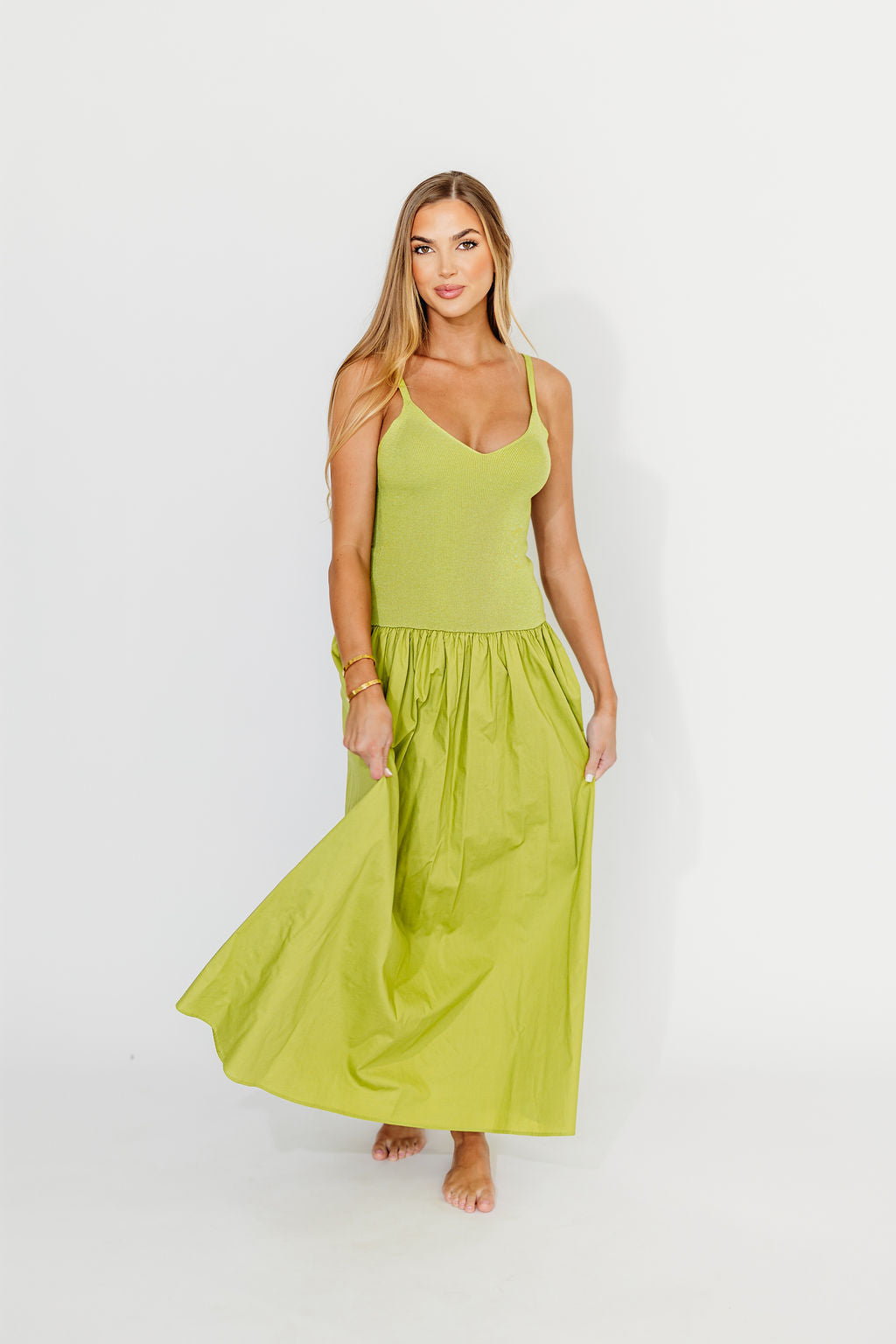 Gaby V-Neck Sleeveless Mixed Media Maxi Dress - Green Floral Summer Dress for Women | Perfect for Beach Vacations, Weddings & Evening Parties