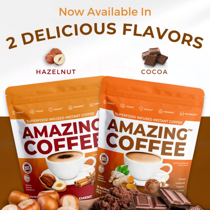 Superfoods Company Amazing Coffee - 12 Natural Superfoods French Roast for Weight Loss & Brain Boost | Gluten Free, Non-GMO, Sugar Free, Vegan & Keto Friendly (60 Servings, 60 Day Supply) | Perfect for Morning Energy, Work Focus & Healthy Lifestyle | Cocoa Flavor