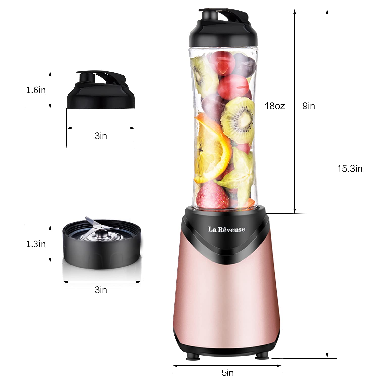 La Reveuse 300W Personal Smoothie Blender with 2 BPA-Free 18oz Travel Sports Bottles - Pink | Compact Blender for Protein Shakes, Meal Prep & On-the-Go Smoothies | Perfect for Gym, Office & Home Use