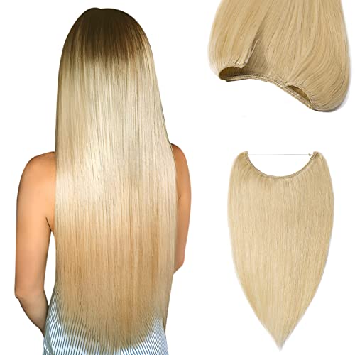 Benehair 20 Inch Thick Wire Hair Extensions 110g - Invisible Wire with Fish Line, Highlighted Bleach Blonde #613 - Real Human Remy Straight Hair for Daily Styling & Special Occasions