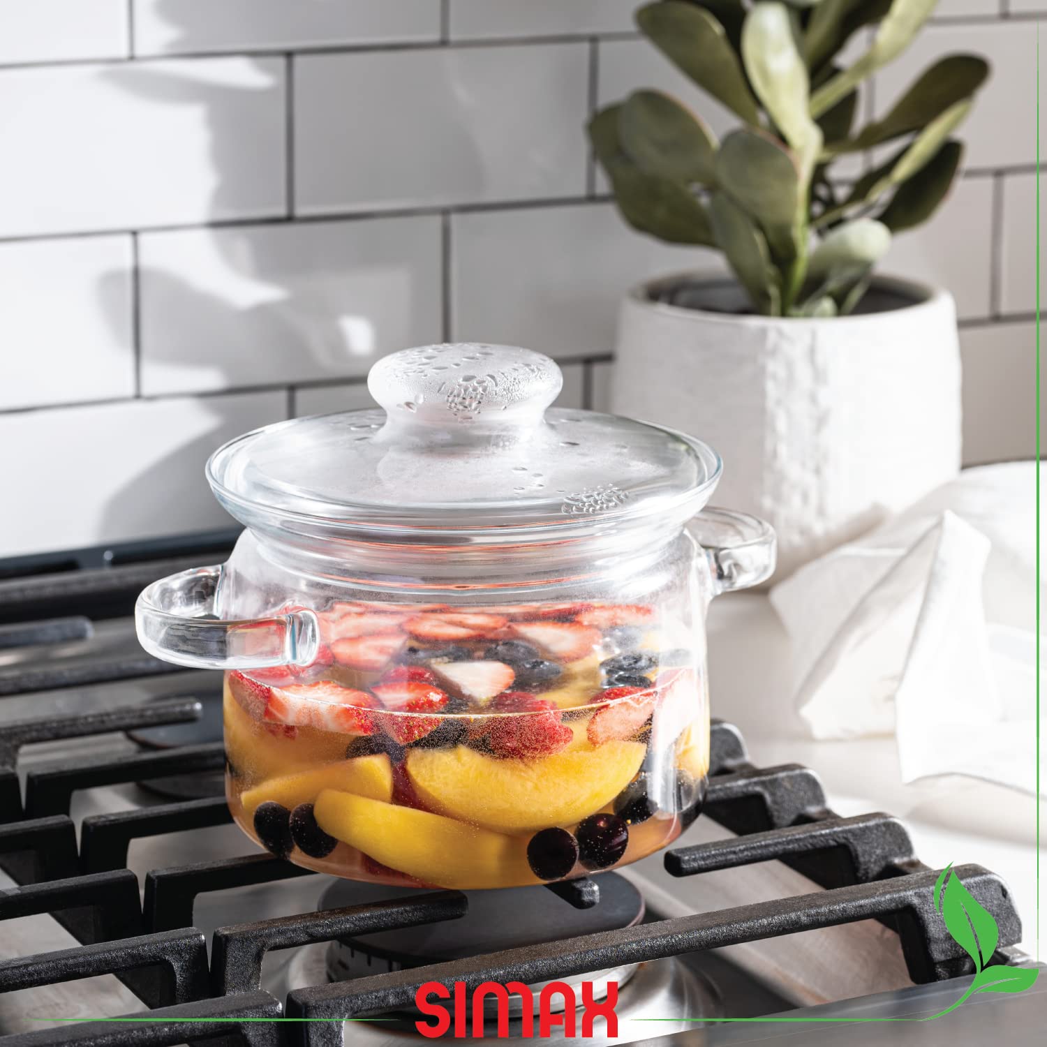Simax 64oz Borosilicate Glass Simmer Pot for Stove - Clear Glass Cookware with Easy-Grip Handles for Potpourri, Soups & Cooking - Oven, Microwave, Stove & Dishwasher Safe - Perfect for Aromatherapy, Holiday Simmering & Slow Cooking