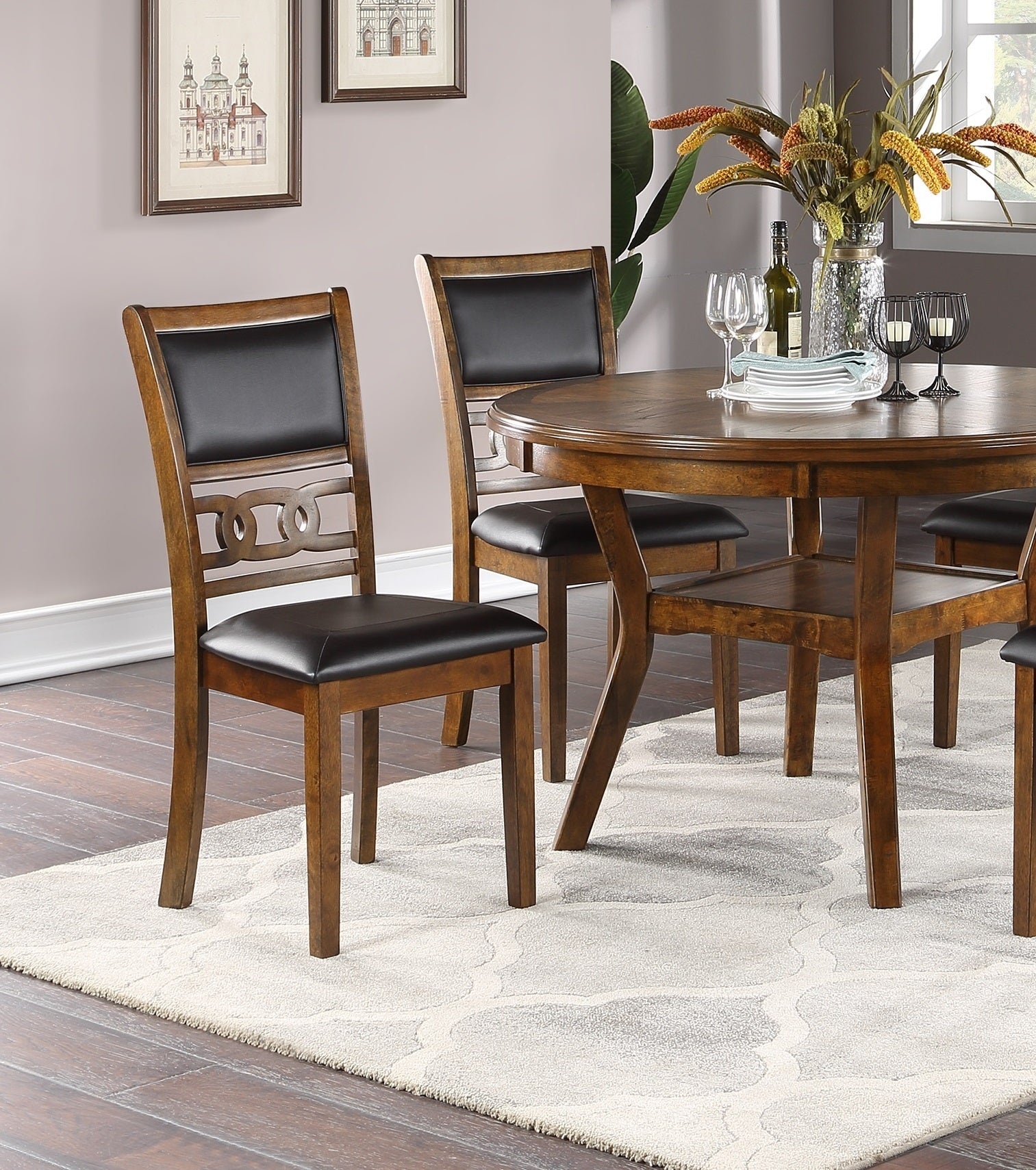 Walnut Finish Dining Room Chairs Set of 2 - Padded Cushion Seats with Unique Back Design - Perfect for Kitchen, Breakfast Nook & Formal Dining Rooms