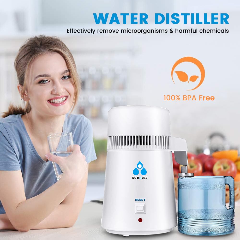 DC HOUSE 1 Gallon Water Distiller Machine - 750W 4L Countertop Pure Water Maker for Home & Kitchen | Perfect for Drinking, CPAP Humidifiers, Baby Formula & Coffee | BPA-Free Plastic Container