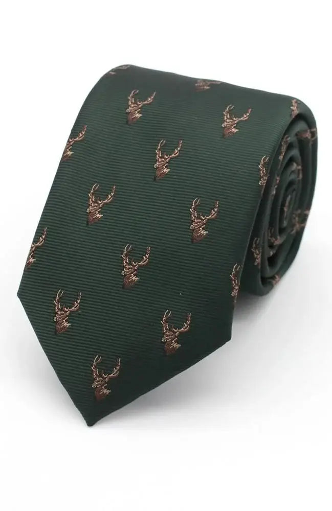 LA Smith Bottle Green Stags Head Tie - Classic Men's Necktie for Formal Events, Weddings & Business Meetings
