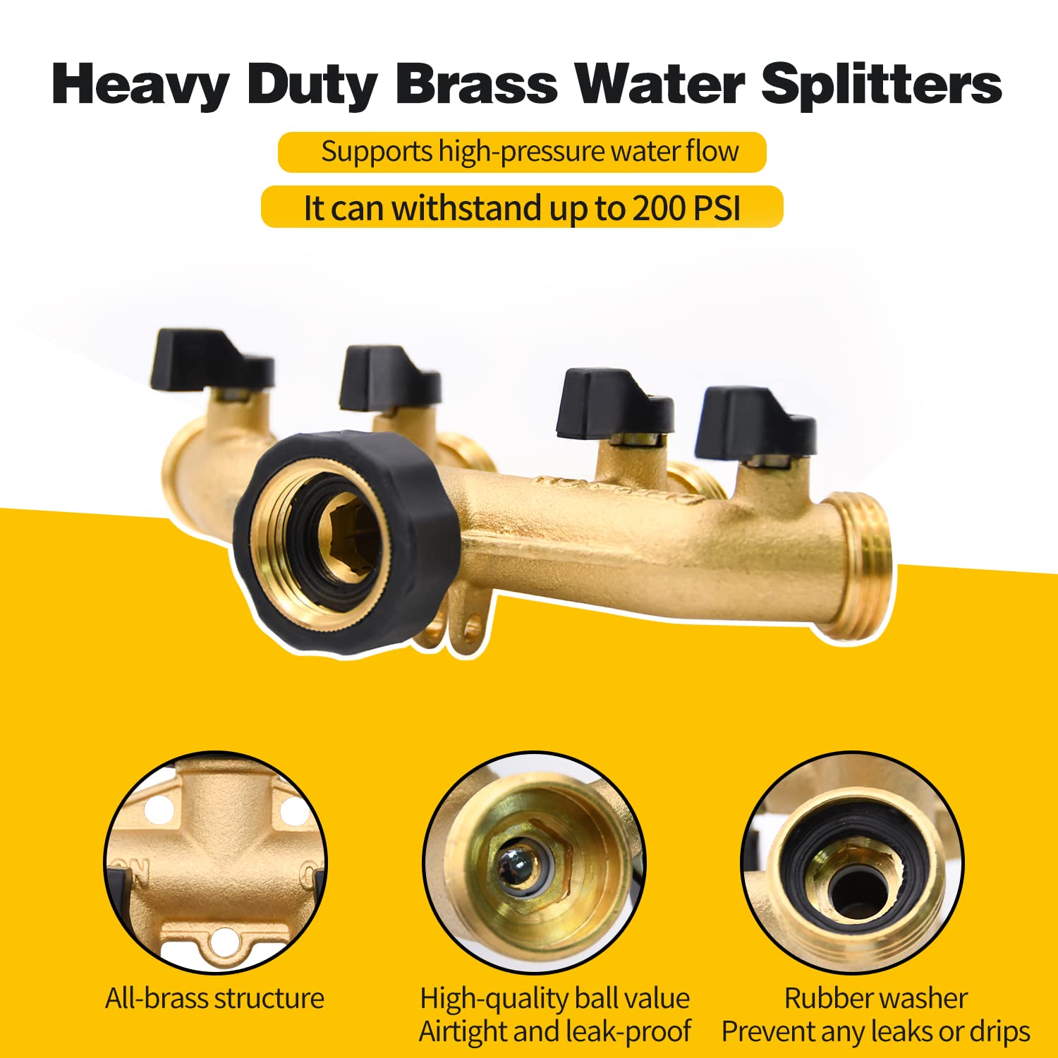 4-Way Garden Hose Splitter with Valves - Brass Spigot Adapter for Outdoor Watering