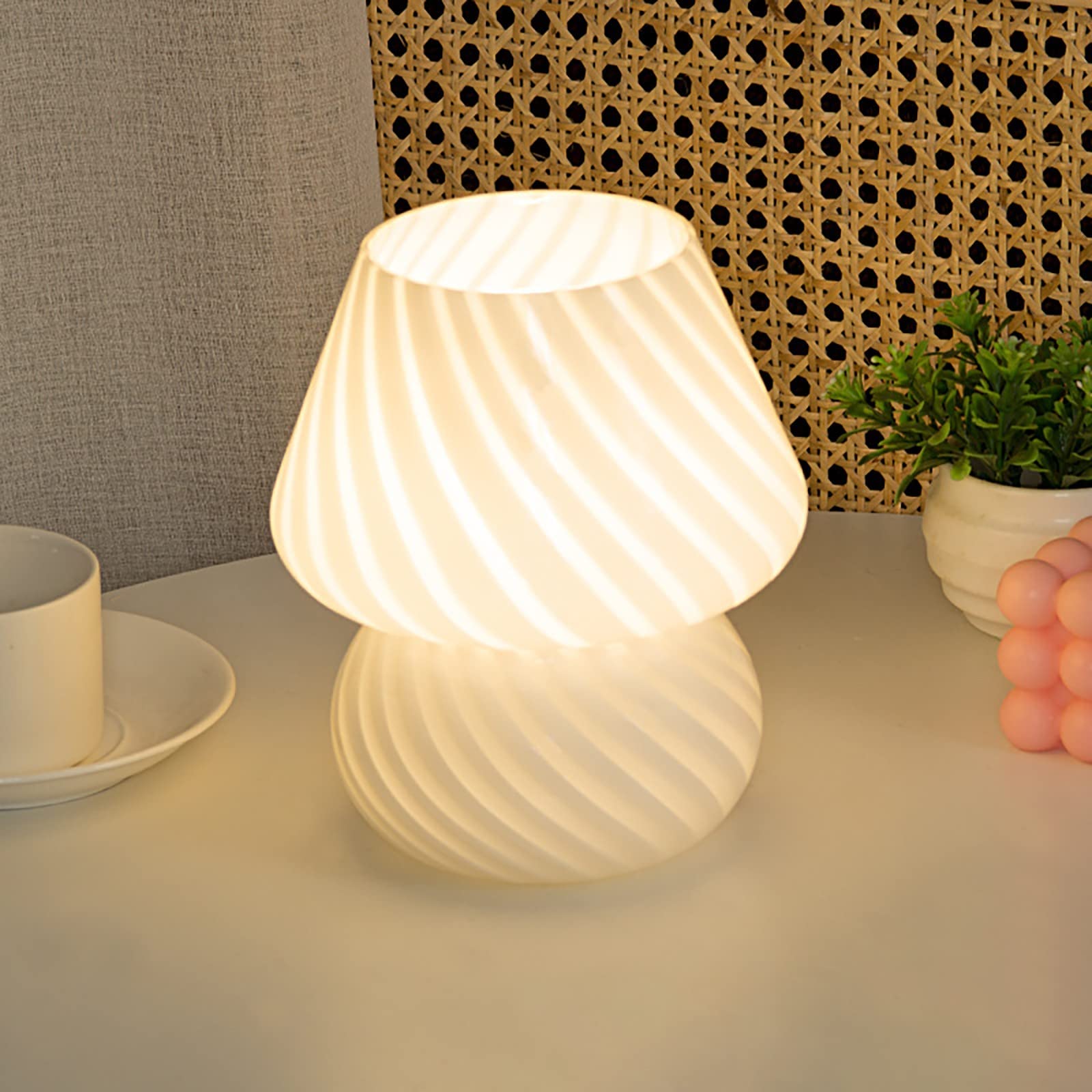 Mushroom Night Light - USB Powered Glass Table Lamp for Bedroom, Nightstand, Home Decor, Party & Photo Props - Striped White Design - Perfect for Kids' Rooms, Nursery, and Cozy Ambiance Lighting