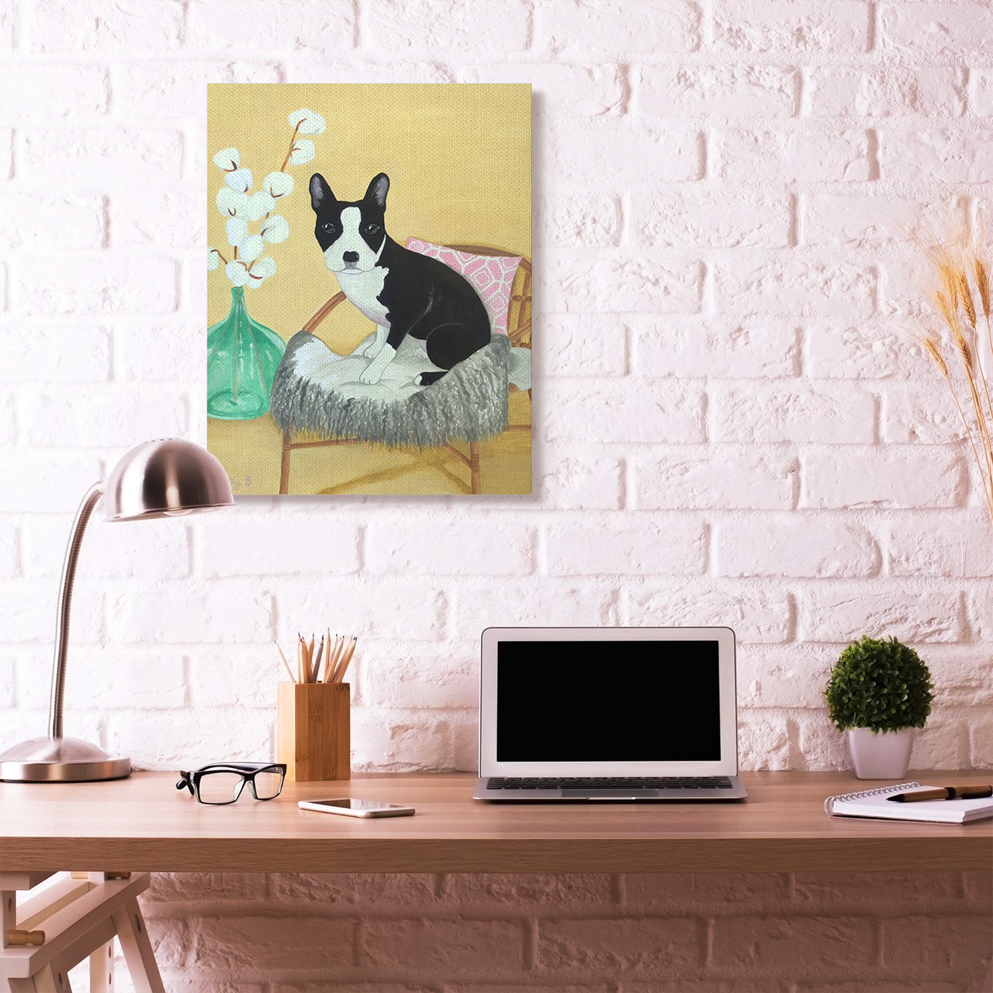 Stupell Industries Dog On Chair Yellow Green Pet Painting - Sally B Wall Art, 30x40 Inch Canvas - Perfect for Living Room, Bedroom & Pet Lover Home Decor
