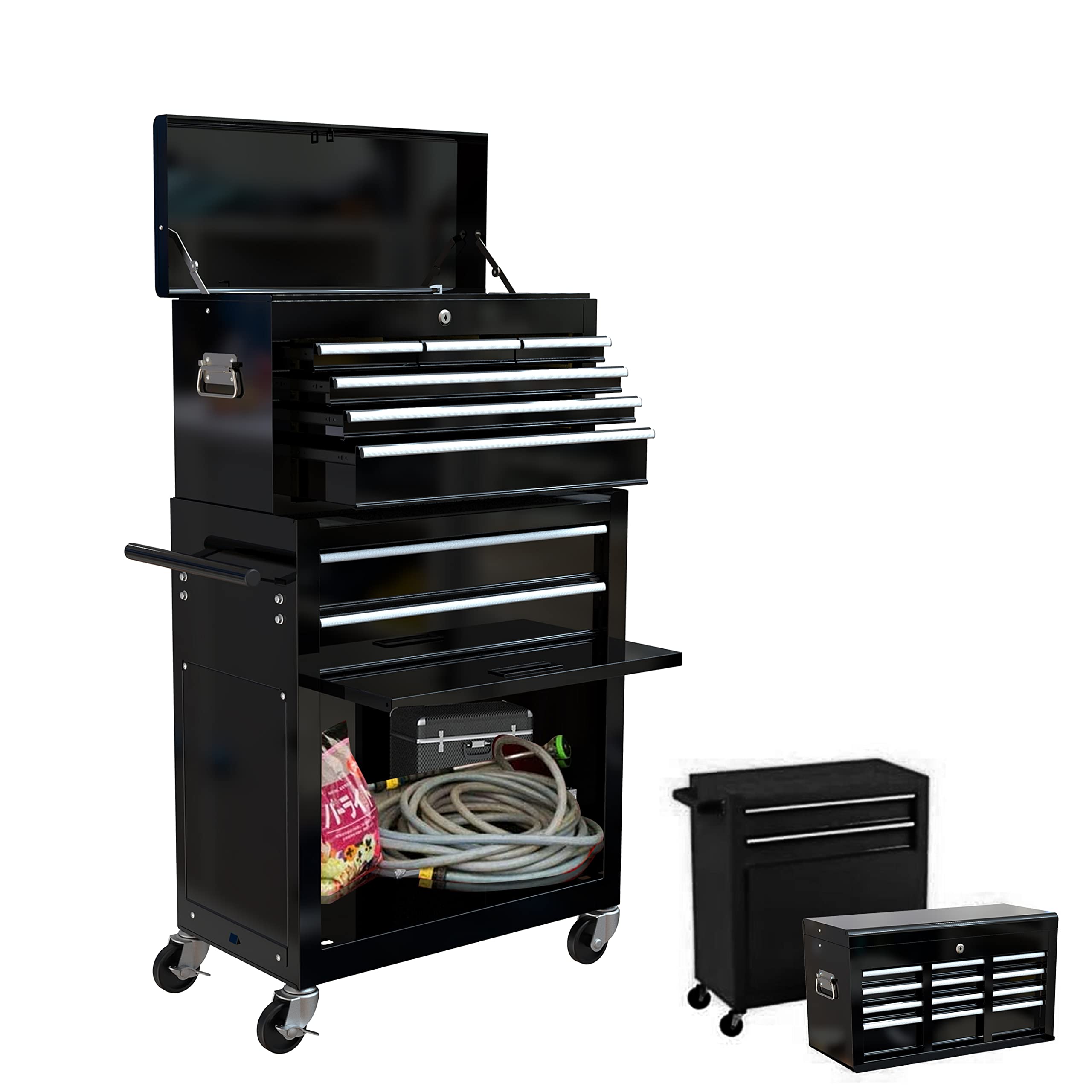 8-Drawer Rolling Tool Chest Cabinet - Heavy Duty Tool Storage with Locking System & Sliding Drawers - Detachable Organizer Tool Box Combo for Workshop, Garage & Mechanics - Black (Ideal for Professional Tools, Auto Repair & Home DIY Projects)