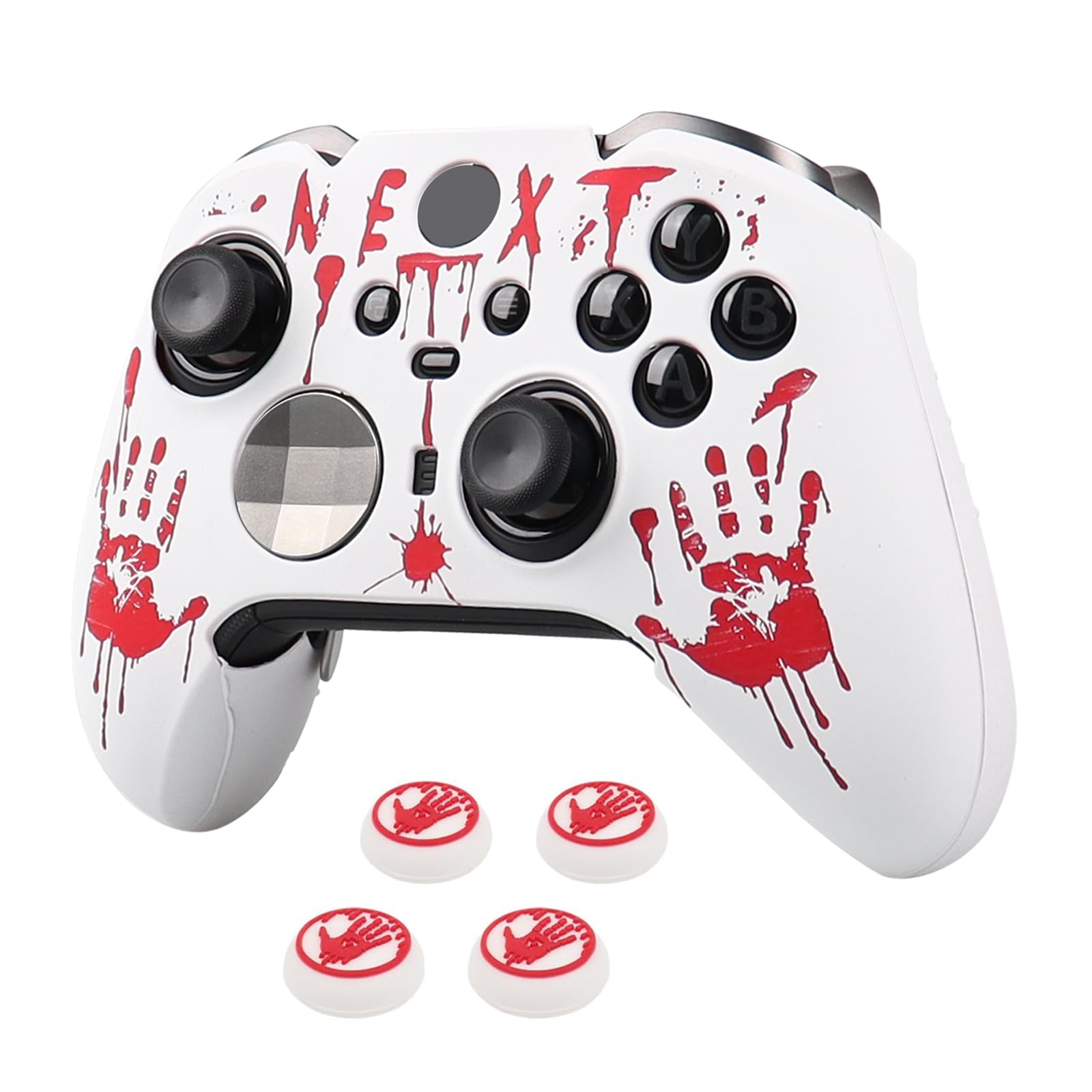 RALAN Laser Blood Handprint Design Anti-Slip Silicone Cover for Xbox Elite Wireless Controller Series 2 Core - 4 Thumb Grips, Protective Skin Case (White) - Perfect for Gaming, Streaming & Esports