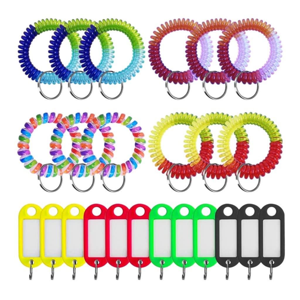 24 Pcs Wrist Keychain Key Tags Set with Split Ring & Label Window - Stretchable Spring Spiral Wristband ID Tags for Keys, Luggage & Backpacks (Assorted Colors, One Size) - Perfect for Travel, Office & School Organization
