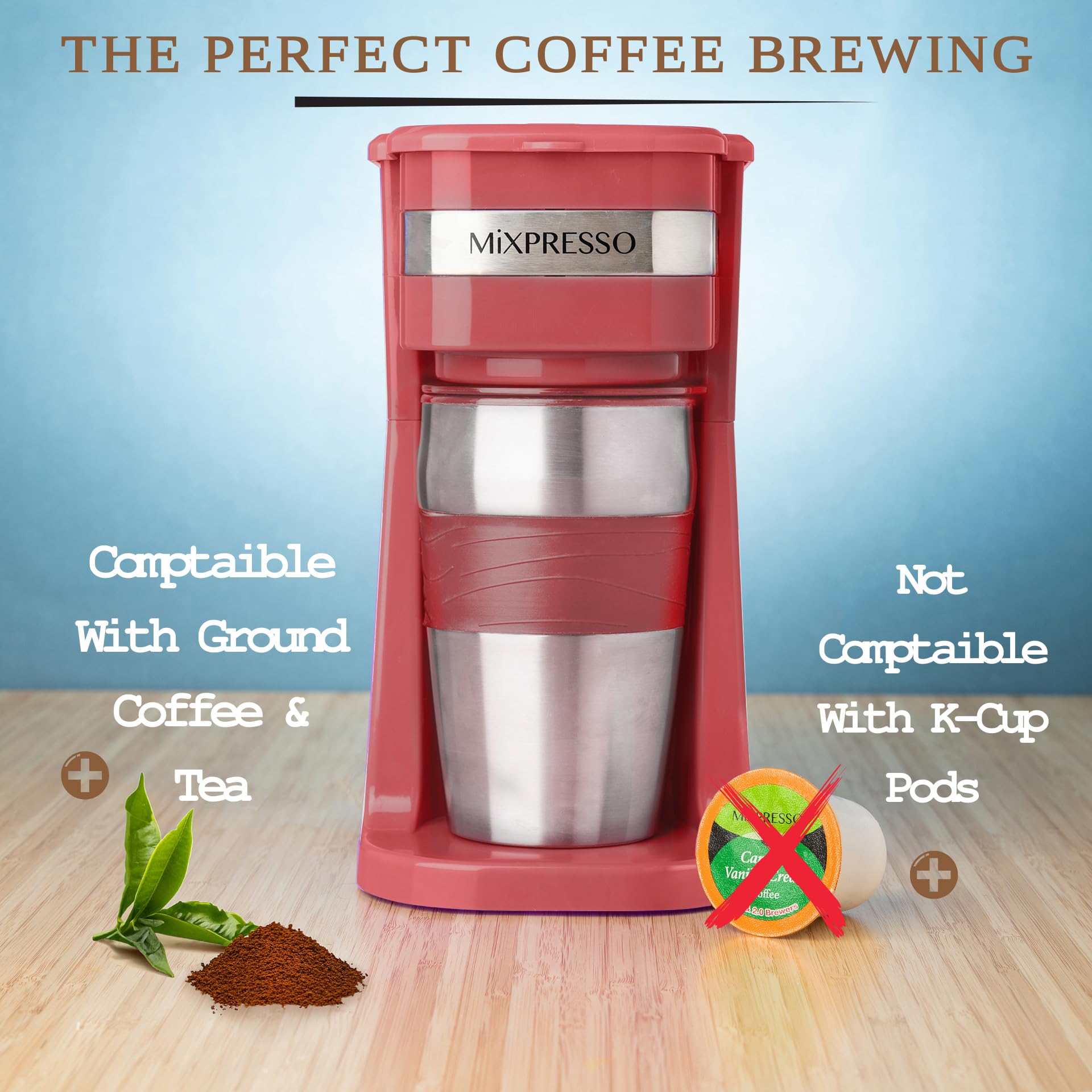 Mixpresso Personal Single-Serve Coffee Maker with 14oz Travel Mug | Compact Drip Coffee Machine & Insulated Tumbler | Auto Shut-Off & Reusable Filter | Ground Coffee Compatible | Perfect for Home, Office & Travel | Red