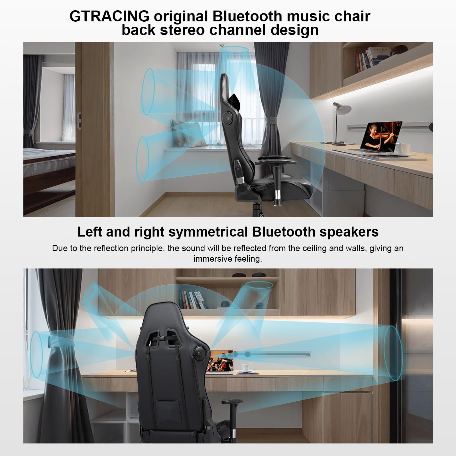 GTRACING Ergonomic Gaming Chair with Bluetooth Speakers - Heavy Duty Office Computer Desk Chair for Video Games & Music - Black - Perfect for Gaming, Streaming & Home Office Use