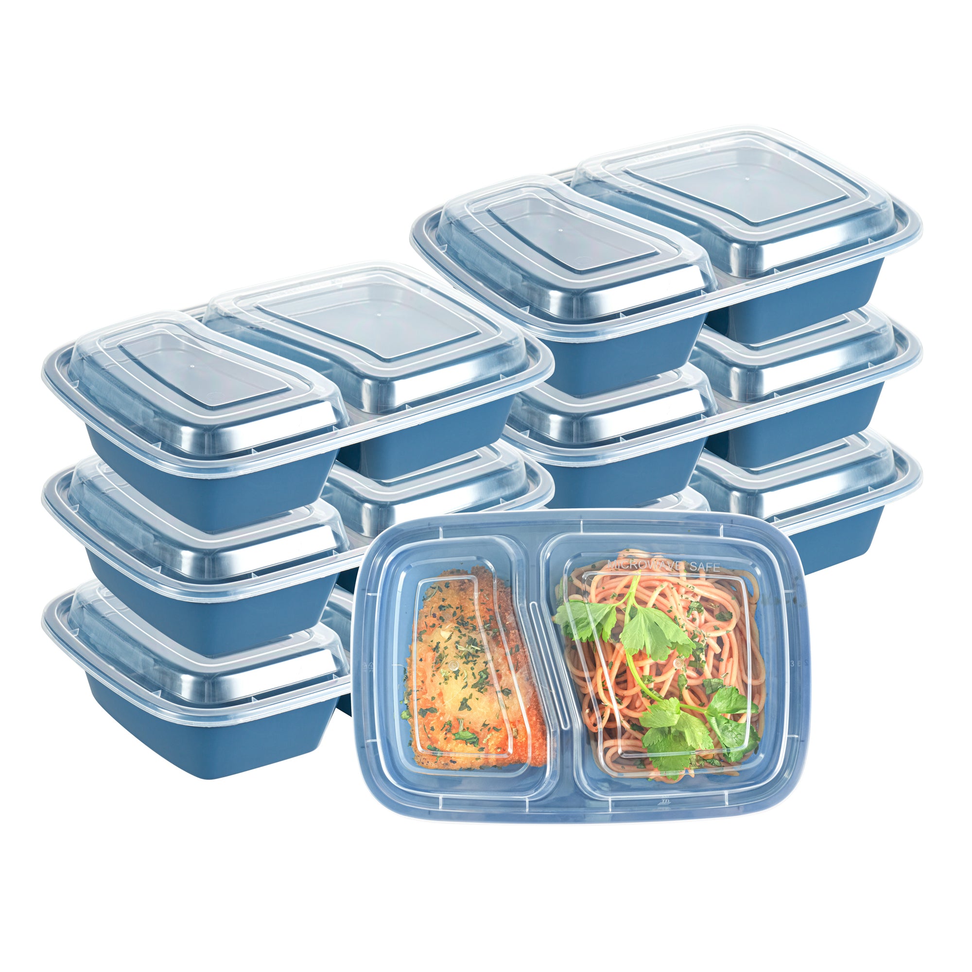 32 oz Midnight Blue Plastic 2-Compartment Food Storage Containers with Clear Lids - Microwave Safe, 8.75