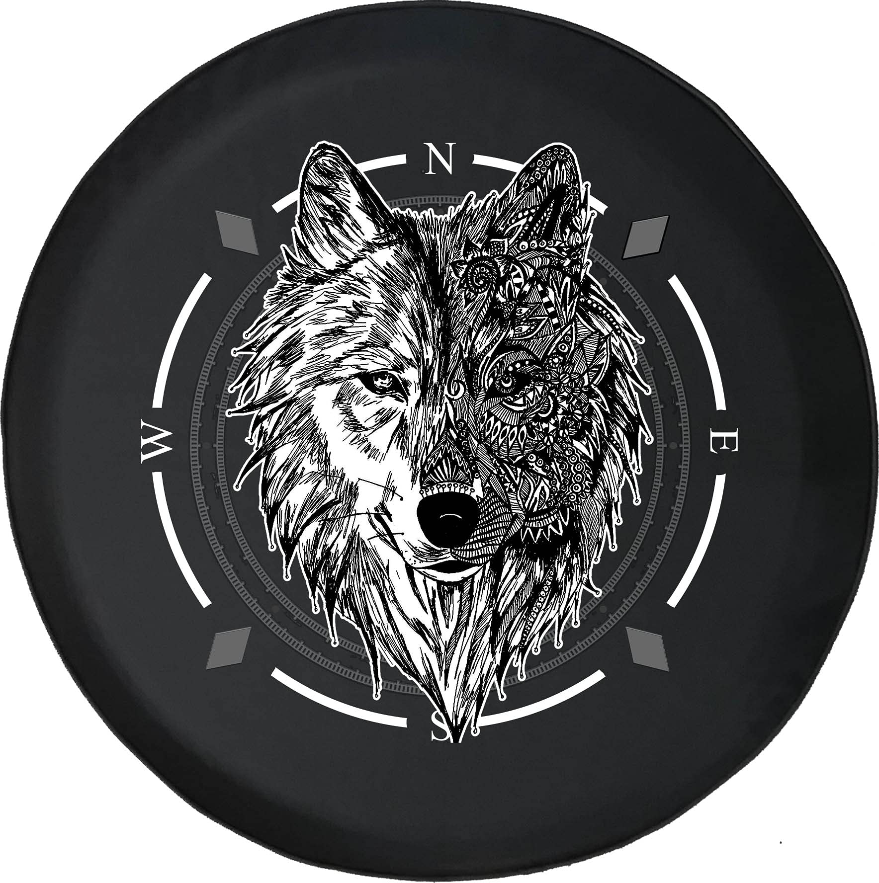 Premium American Unlimited Spare Tire Cover with Compass & Wolf Tattoo Design - Universal Fit for SUVs, Trailers, RVs & Most Vehicles | Durable Wheel Protection for Off-Road Adventures & Camping Trips