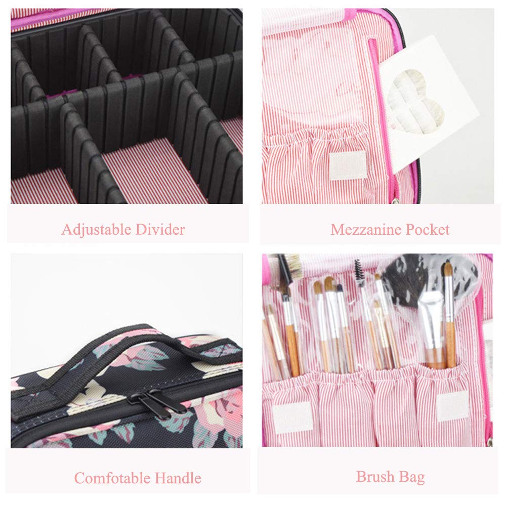 Waterproof Travel Makeup Bag with Adjustable Dividers - Portable Cosmetic Organizer Case for Professional Makeup Brushes & Accessories - Ideal for Travel, Salon & Home Use (Floral Design)