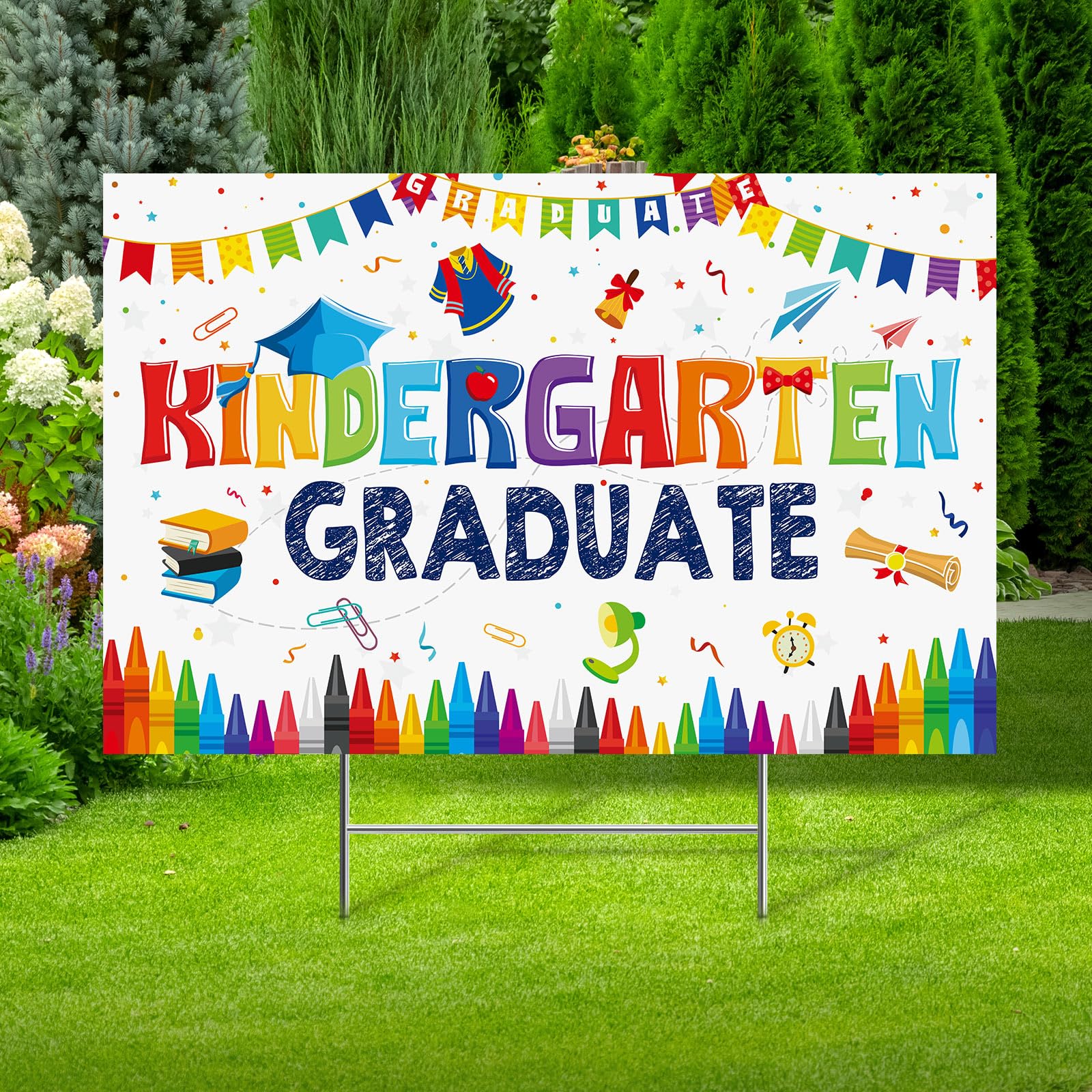Maitys 2025 Kindergarten Graduation Yard Sign - Outdoor Lawn Decoration with Stake for Graduation Party, Ceremony & Backyard Celebration (White)