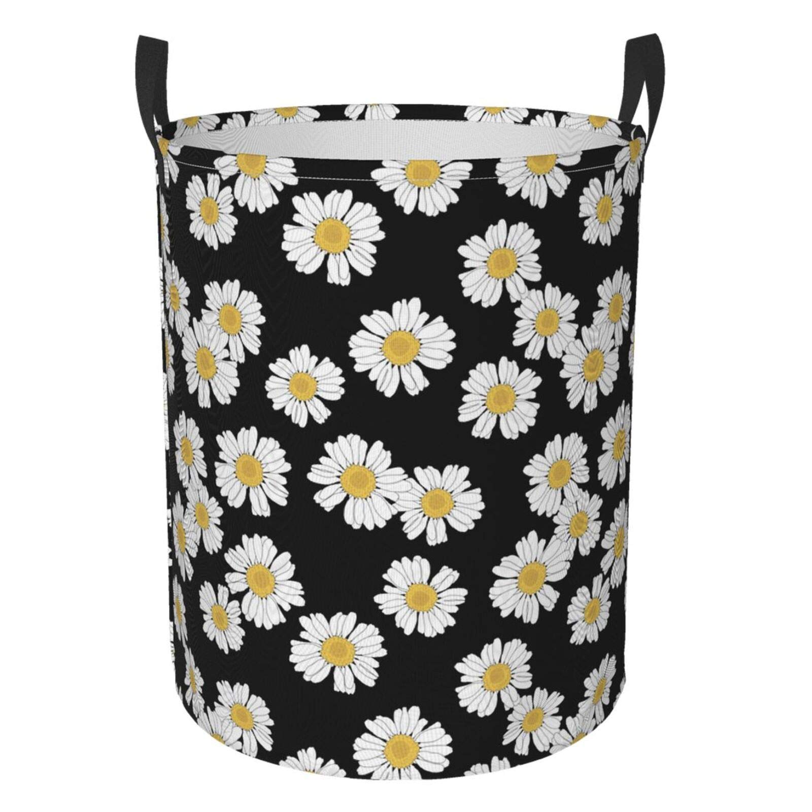 FeHuew Collapsible Laundry Basket with Handle - Waterproof Fabric Hamper for Clothes, Toys & Storage | Large Seamless Daisy Design Organizer Bin for Bedroom, Bathroom & Nursery