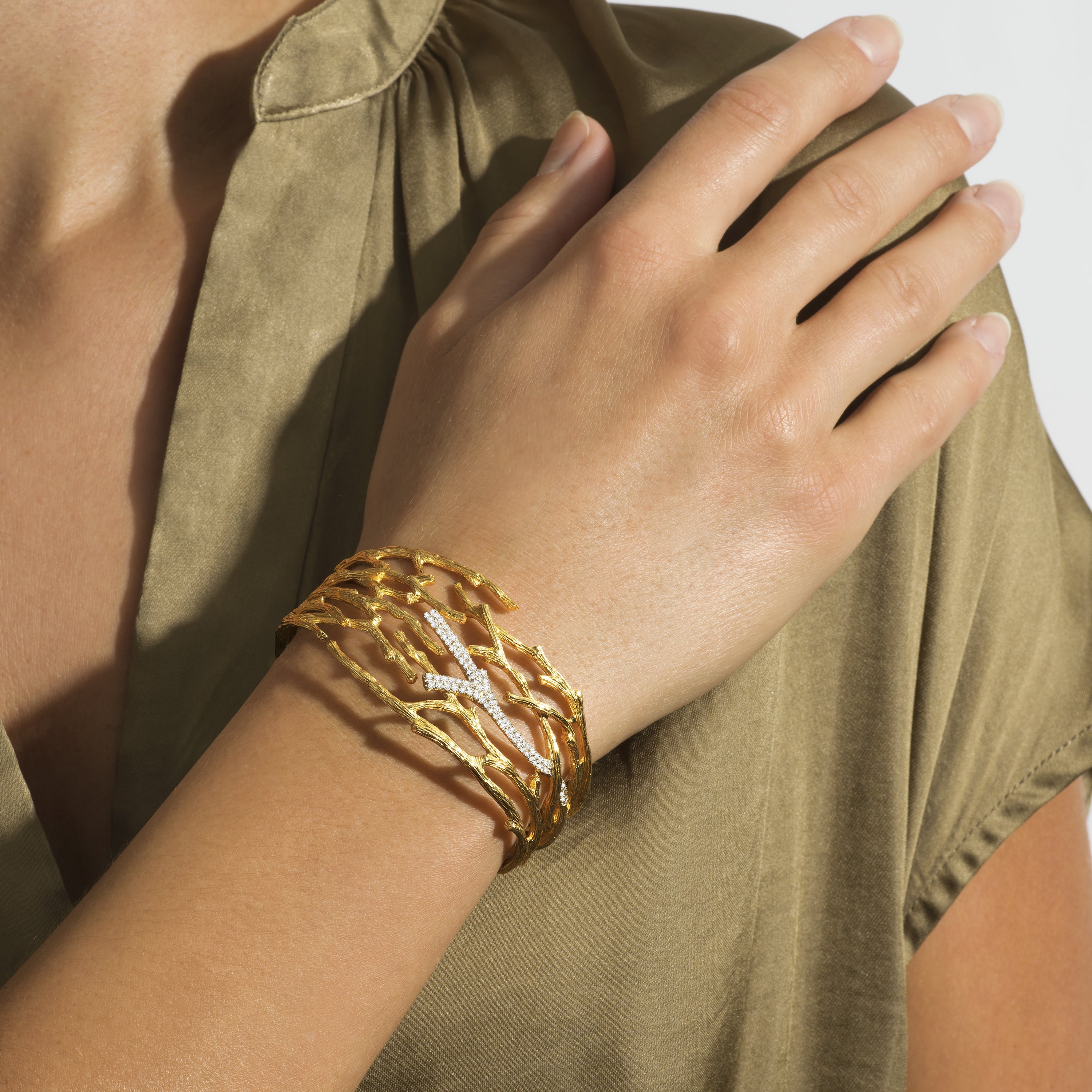 Enchanted Forest Diamond Cuff Bracelet in Gold - Elegant Jewelry for Women, Perfect for Weddings, Parties & Special Occasions