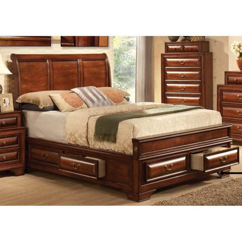Sofia Sleigh Platform Bed with 6 Storage Drawers - Warm Walnut Finish - Twin & Queen Size - Perfect for Small Spaces & Guest Rooms