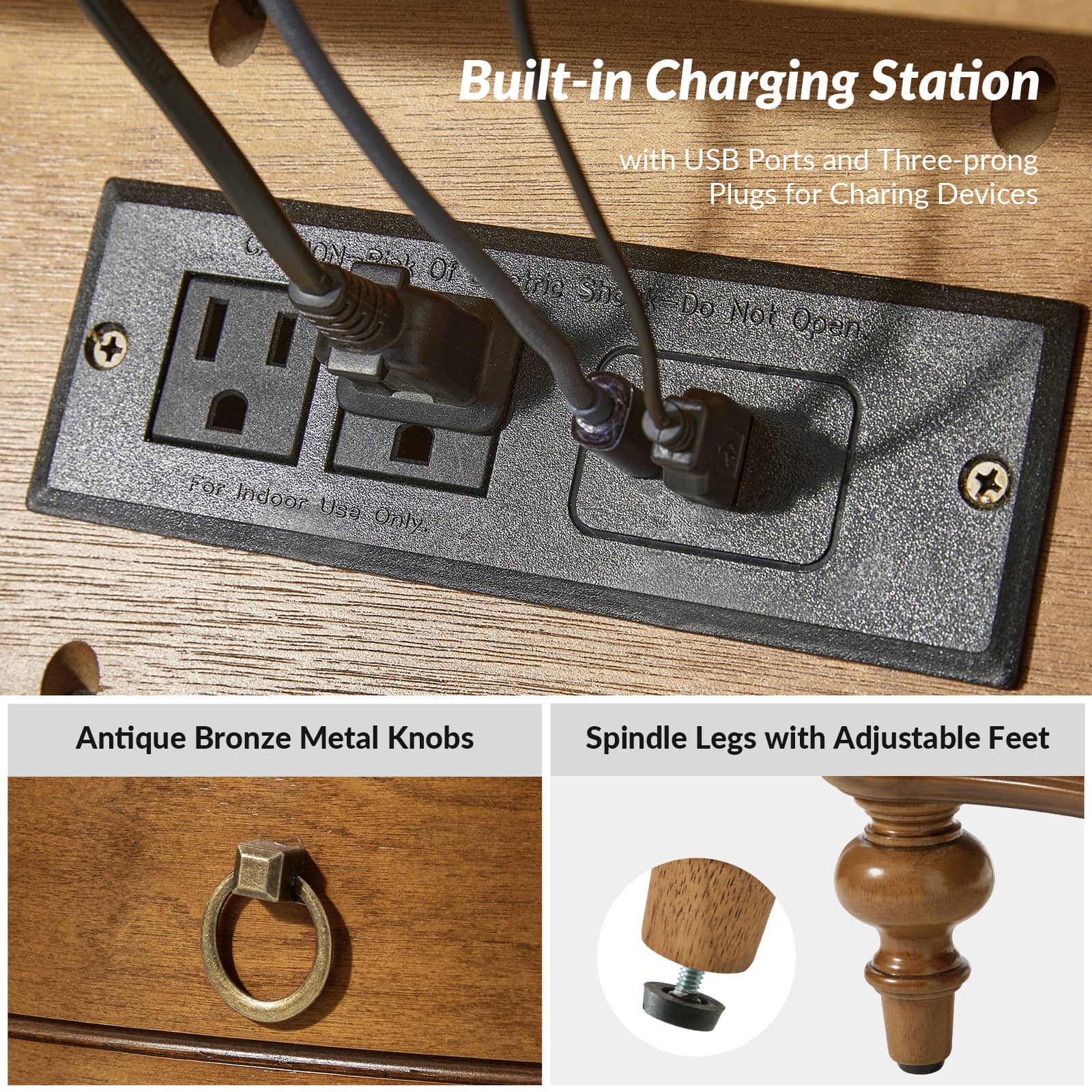 Bernhard 3 Drawer Traditional Nightstand with USB Outlets - Solid Wood Bedside Table for Bedroom, Living Room & Office - Charging Station & Storage Cabinet
