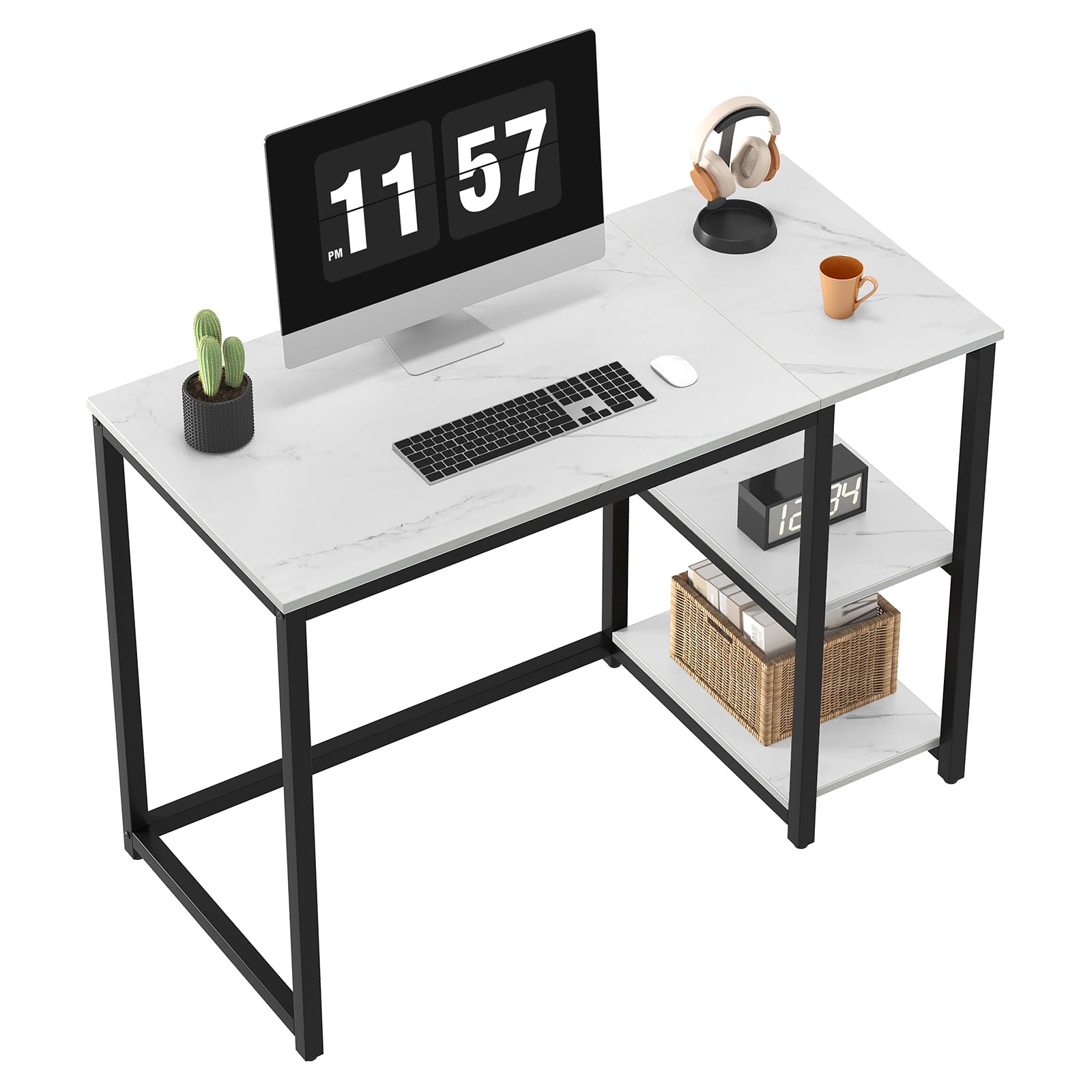 SINPAID 40-inch Modern Computer Desk with 2-Tier Shelves - Sturdy Home Office Desk, Gaming & Study Table with Large Storage Space - Black Marble & White Marble Finish - Perfect for Small Spaces, Dorm Rooms & Home Offices