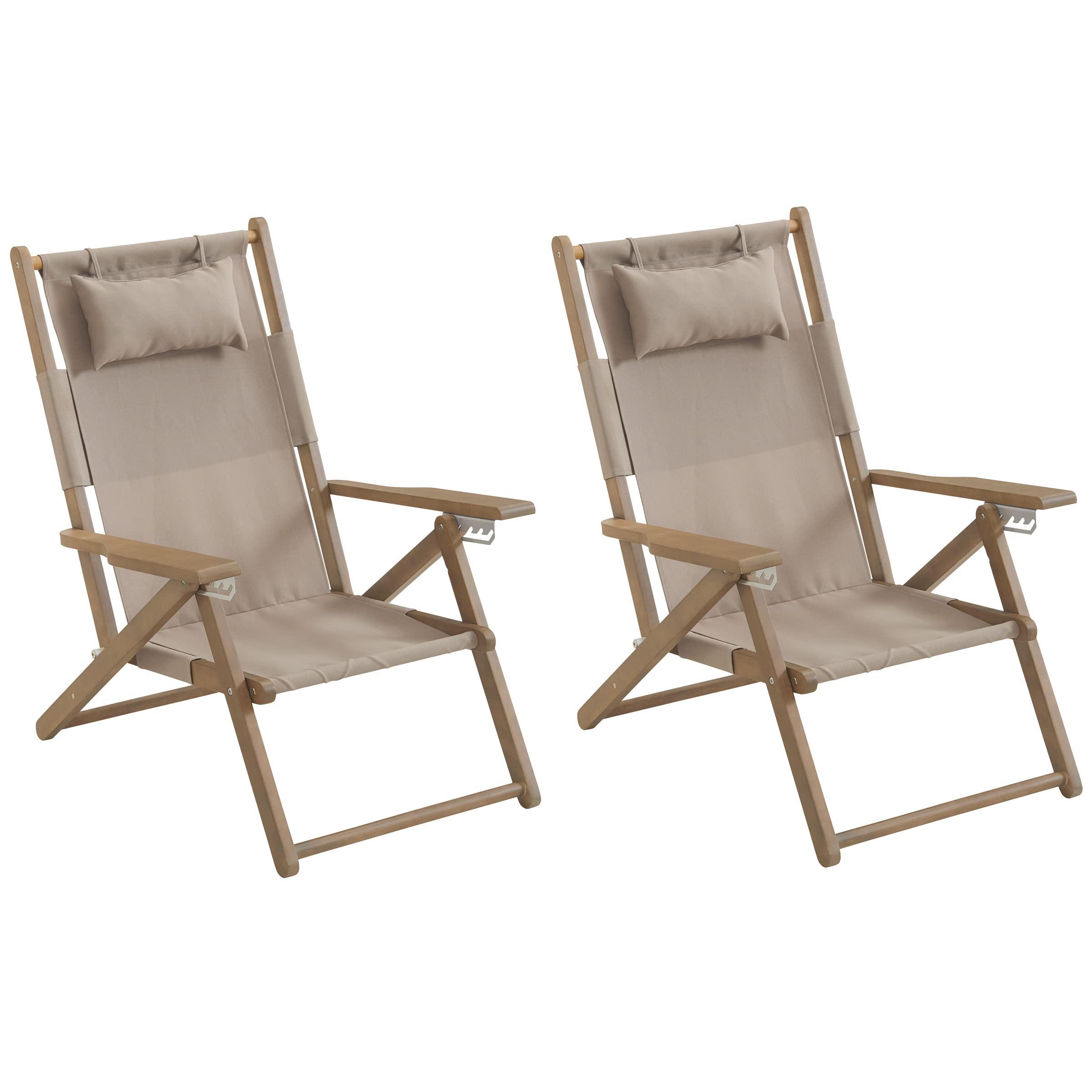 Premium Set of 2 Weather-Resistant Folding Beach Chairs with Adjustable Reclining Back & Carry Straps - Portable Outdoor Wooden Lounge Chairs for Beach, Poolside, Camping & Backyard Relaxation (Taupe)