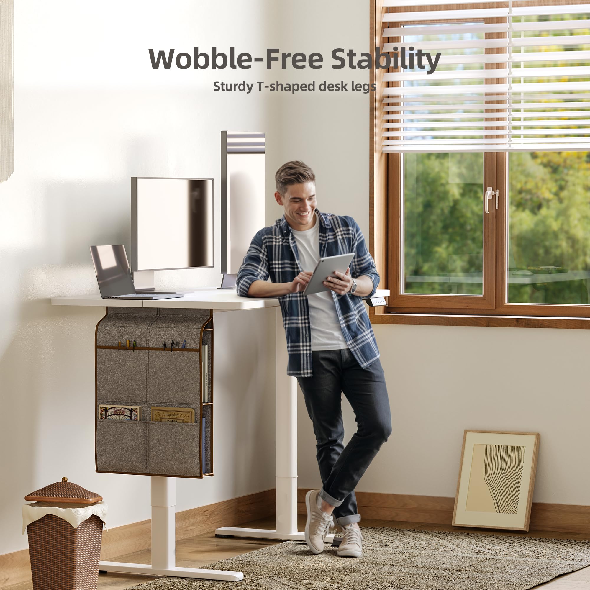 Claiks 48x24 Inch Electric Standing Desk - Adjustable Height, Spacious Storage Bag & Headphone Hook - White Sit Stand Desk for Home Office, Gaming & Study Workstation - Perfect for Remote Work & Ergonomic Workspaces