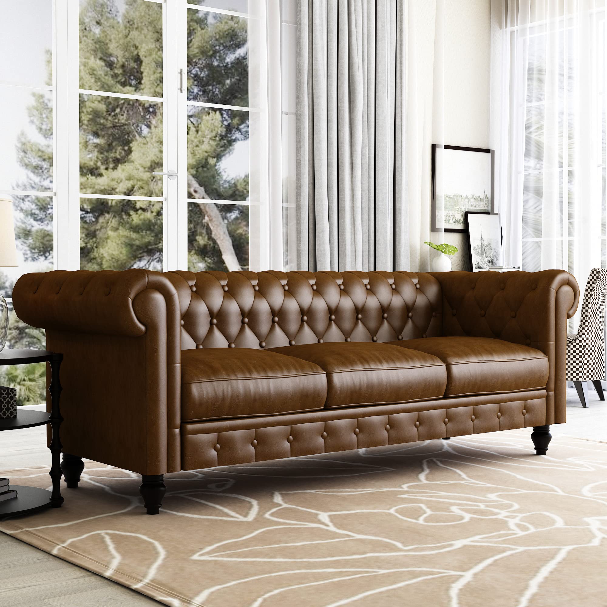 Yoglad Chesterfield Sofa - Faux Leather Rolled Arm 3-Seater Couch with Sturdy Wooden Frame | Perfect for Living Room, Bedroom & Apartment Decor | Classic Brown Leather Sofa for Cozy Home & Office Lounge