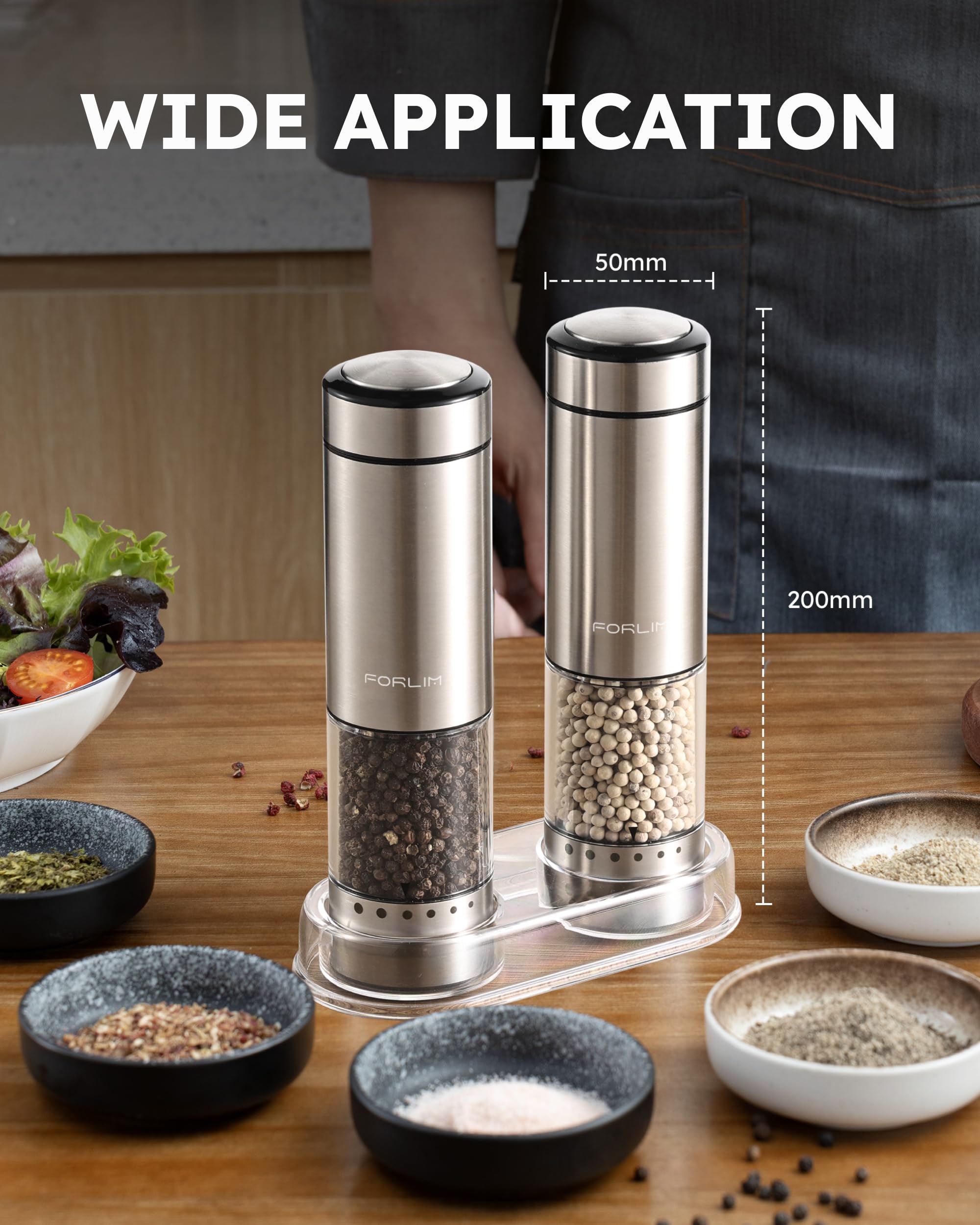 FORLIM Electric Salt and Pepper Grinder Set - Rechargeable Battery Powered, One-Hand Operation with LED Light, Adjustable Coarseness, Stainless Steel & Washable Design - Perfect for Kitchen, Dining Table, Camping, and Gifts
