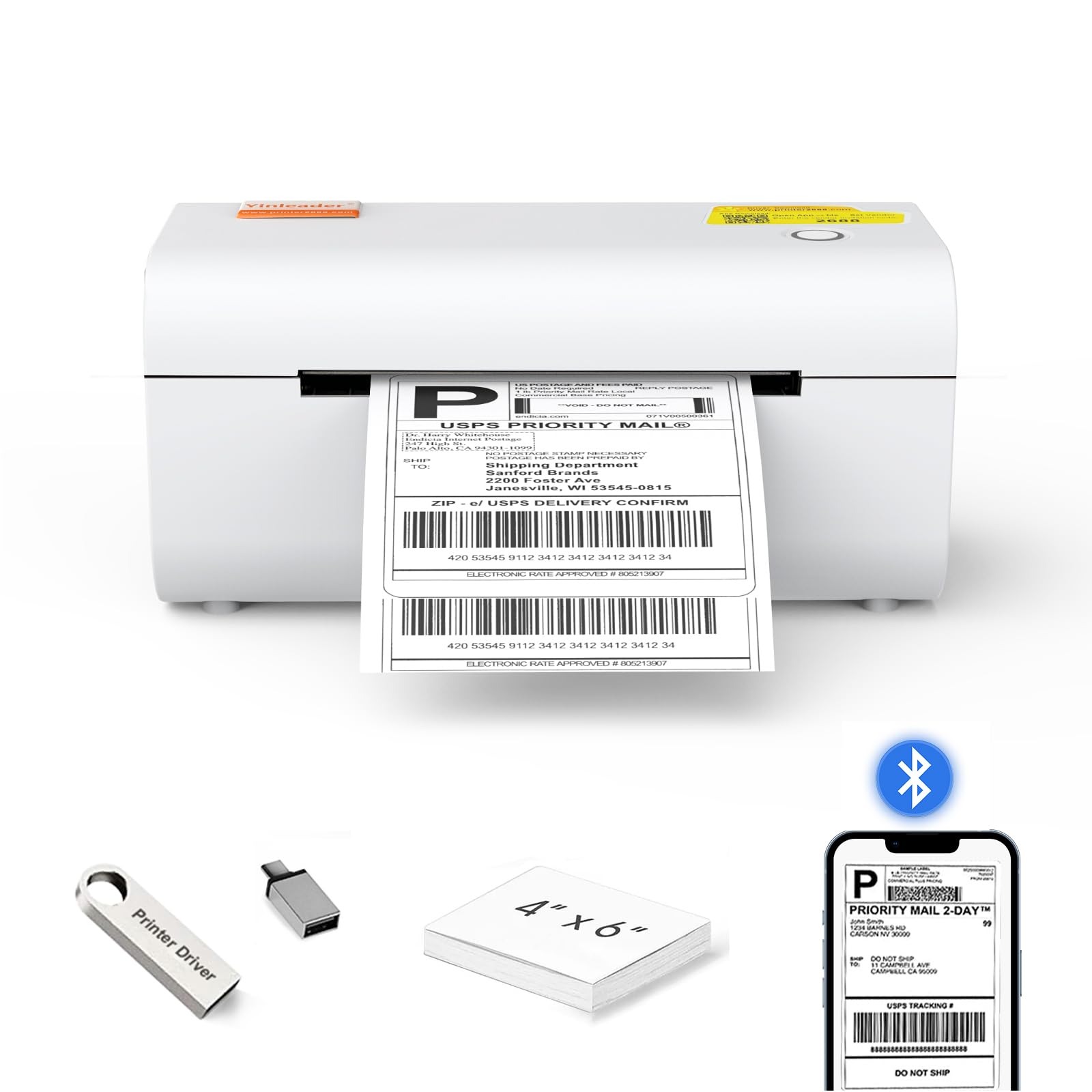 Yinleader 4x6 Bluetooth Thermal Shipping Label Printer - Compatible with Chrome OS, Windows, Mac, iOS & Android - Works with Amazon, eBay, UPS, USPS, FedEx, Shopify - Wireless Label Maker for Home Office & Small Business Shipping Needs (White)