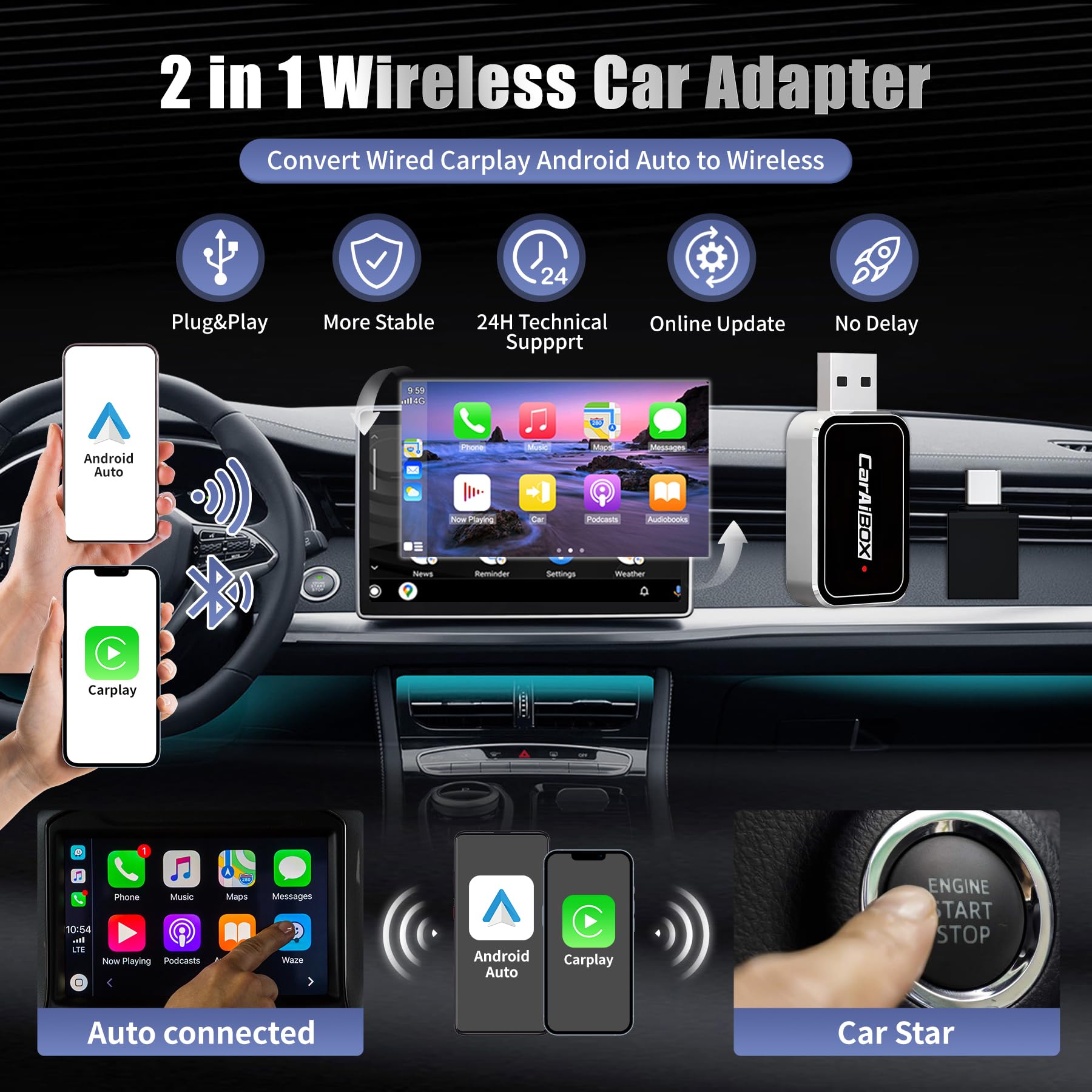 Wireless CarPlay & Android Auto Adapter 5.0 - 2-in-1 Bluetooth Dongle for iPhone & Android - Compatible with 2016+ Cars with OEM Wired CarPlay - Plug & Play for Safer Hands-Free Driving & Seamless Music Streaming