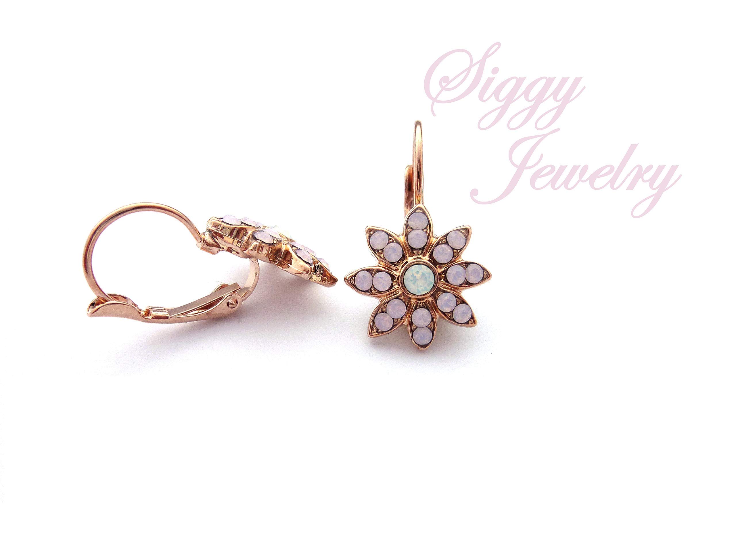 Genuine Austrian Crystal Flower Cluster Earrings - Rose Water Opal & White Opal Snowflake Design, Lever Back Rose Gold Finish | Elegant Jewelry for Weddings, Parties & Special Occasions