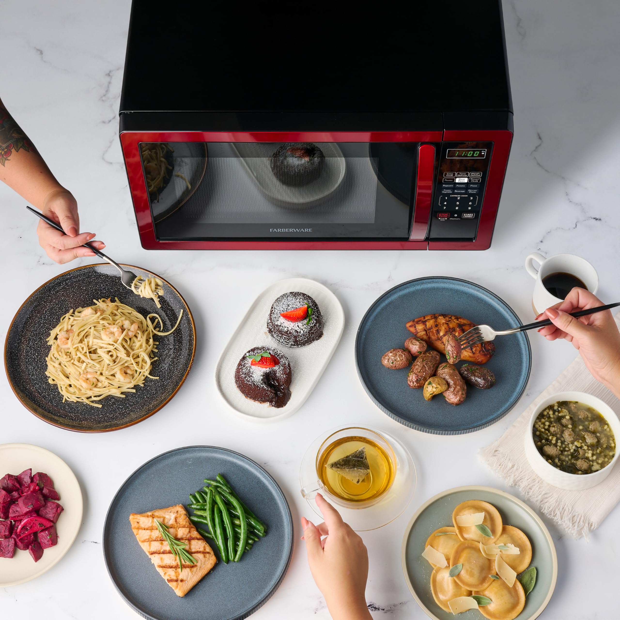Farberware 1.1 cu ft 1000W Countertop Microwave Oven with LED Lighting & Child Safety Lock - Compact Space-Saving Design for Small Kitchens, Dorms, Apartments - Easy Clean Stainless Steel Red Finish - Perfect for Quick Meals, Reheating Food & Defrosting