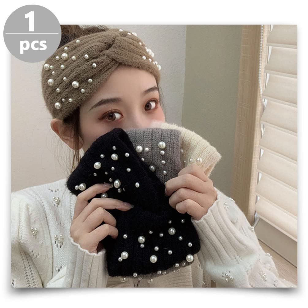 VALICLUD Women's Pearl Knit Headband - Soft Plush Ear Warmer Winter Headwrap with Elegant Pearls, Warm Fleece Lined Headgear for Cold Weather - Perfect for Outdoor Activities, Winter Fashion, and Holiday Gifts