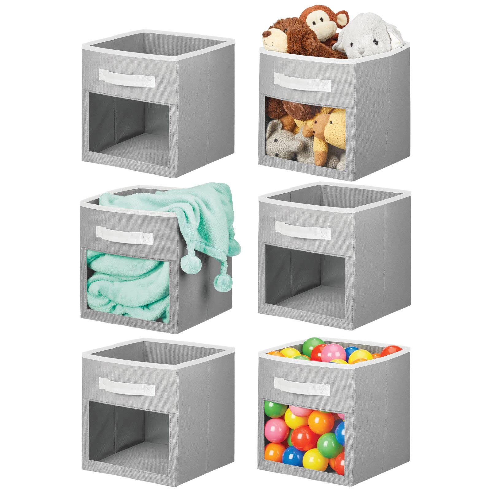 mDesign Fabric Storage Bins 6-Pack - Gray/White Organizer Bins with Handles for Nursery, Playroom, Cube Shelves | Holds Toys, Clothes, Diapers & Bibs | Perfect for Kids' Room Organization & Toy Storage